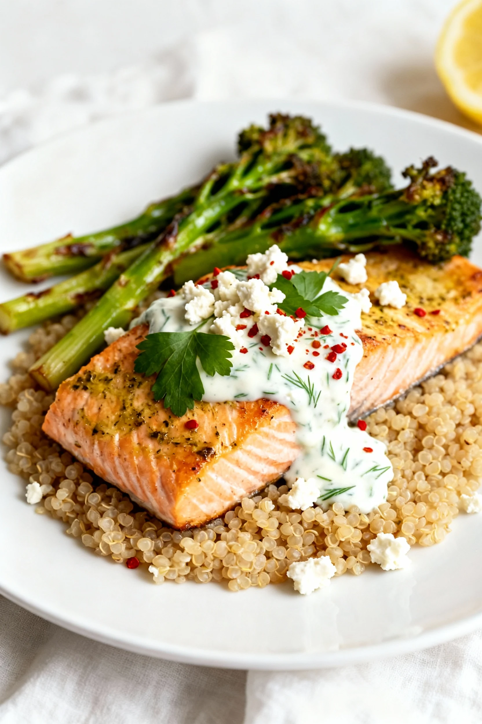 Food photography, Restaurant-style plating: lemon–garlic roasted salmon over a neat bed of quinoa with a drizzle of yogu
