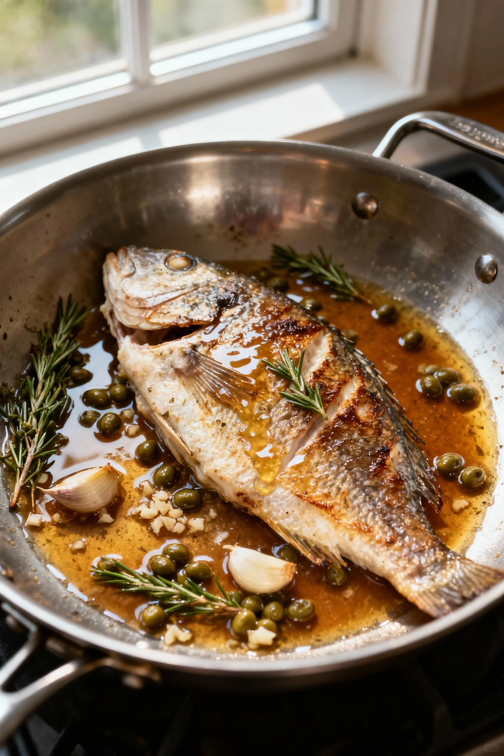 Food photography, Lemon–caper finish in stainless skillet: seared snapper still in, capers sizzling in brown butter with