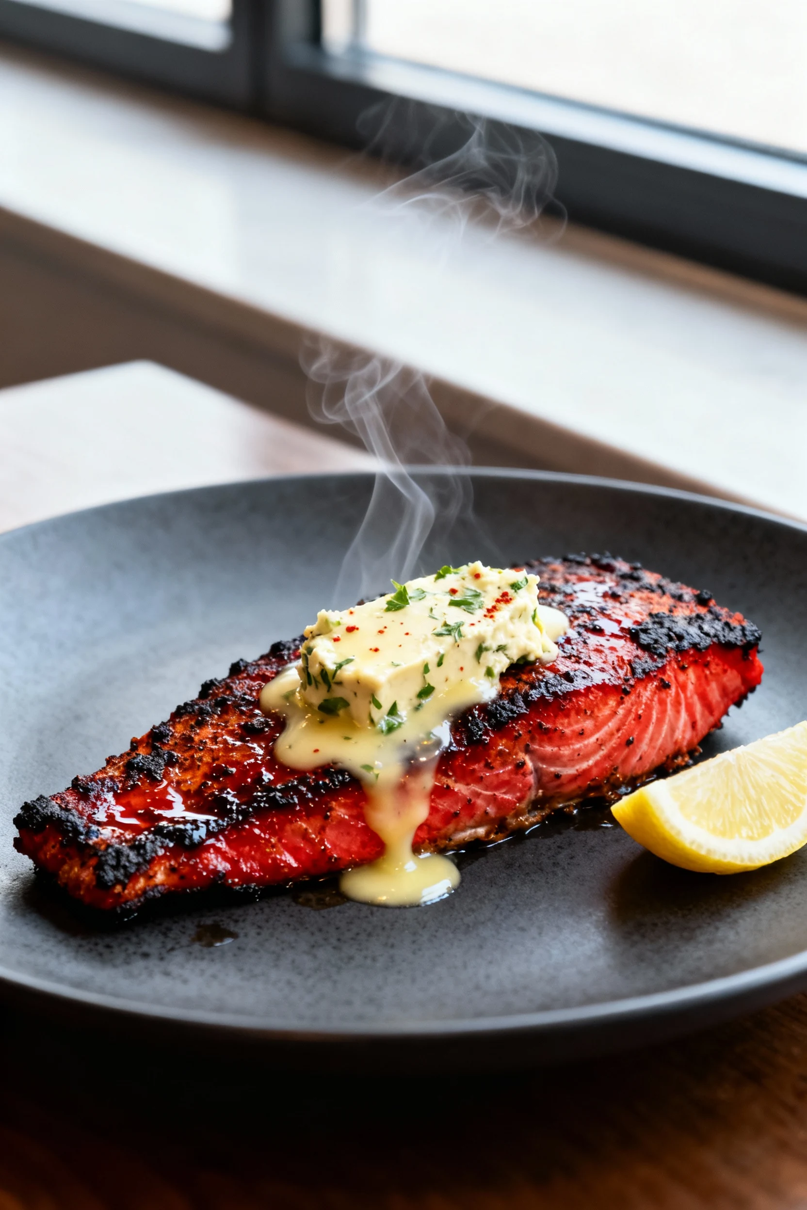 Food photography, 45-degree hero shot of Cajun blackened red snapper topped with a melting lemon–parsley–cayenne compoun