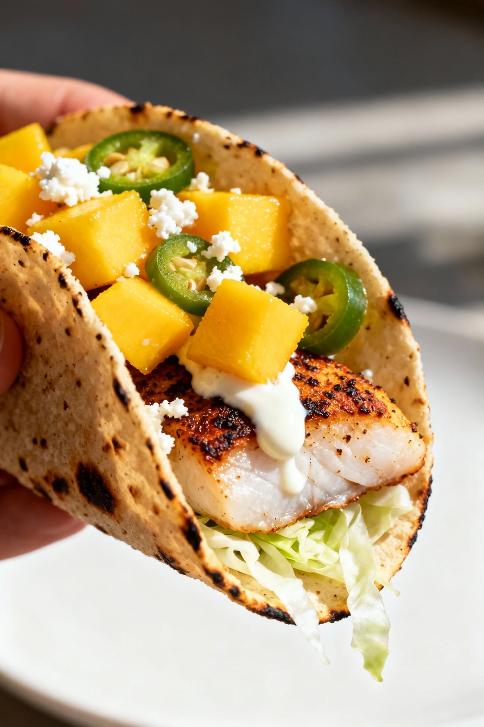 Food photography, Macro close-up of a single taco bite: flaky opaque snapper with smoky spice crust, juicy mango cubes, 