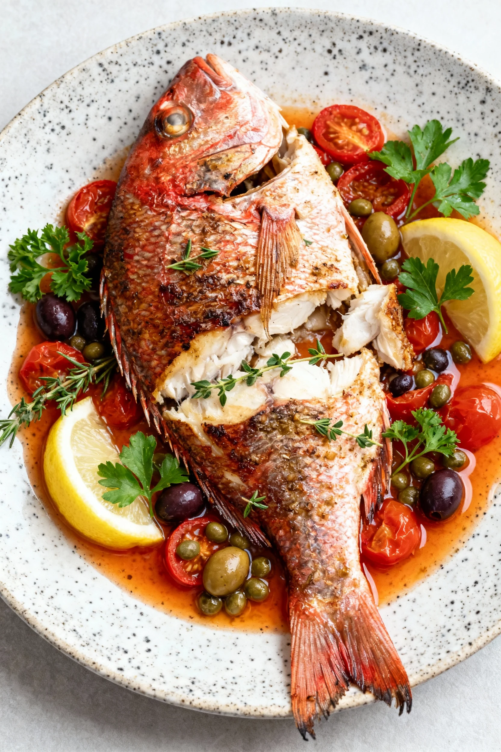 Food photography, Restaurant-level final presentation: filleted portions of roasted red snapper with crispy skin nestled