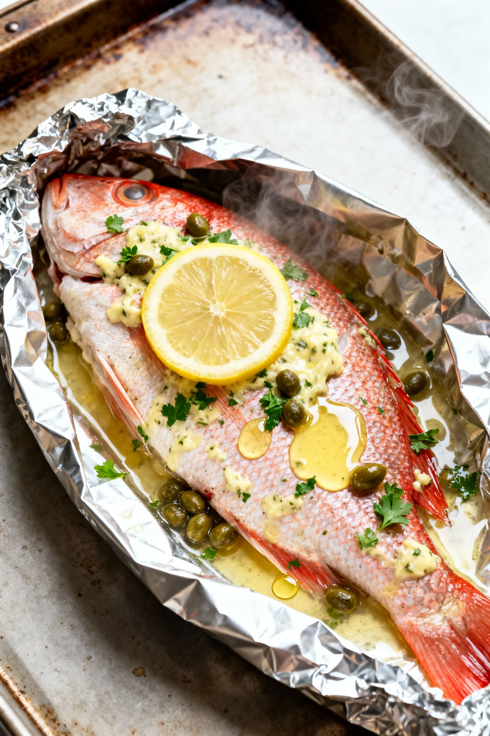 Food photography, Final dish variation: Opened foil packet revealing steamy baked red snapper topped with lemon–garlic b