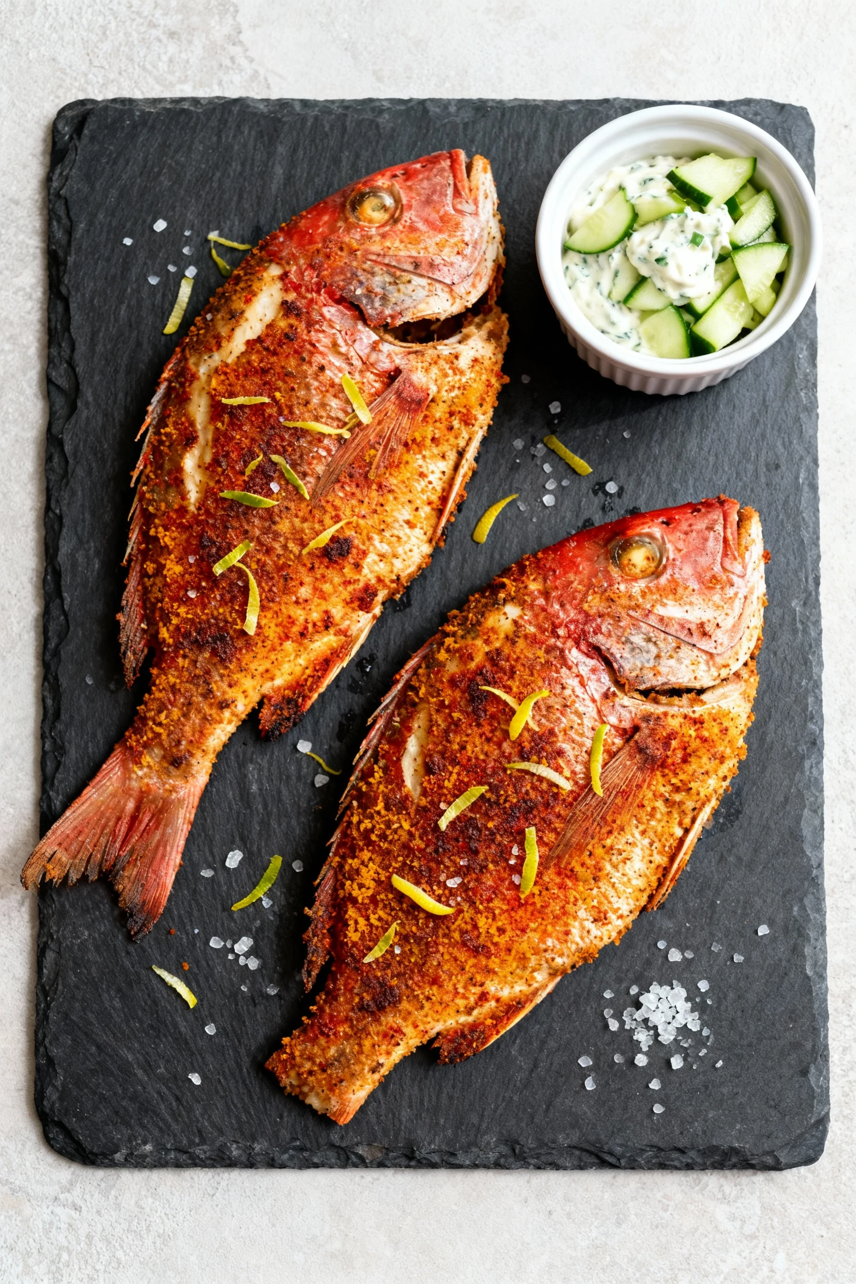 Food photography, Overhead shot of two air-fried red snapper fillets on a dark stone platter, Old Bay crust and smoked p
