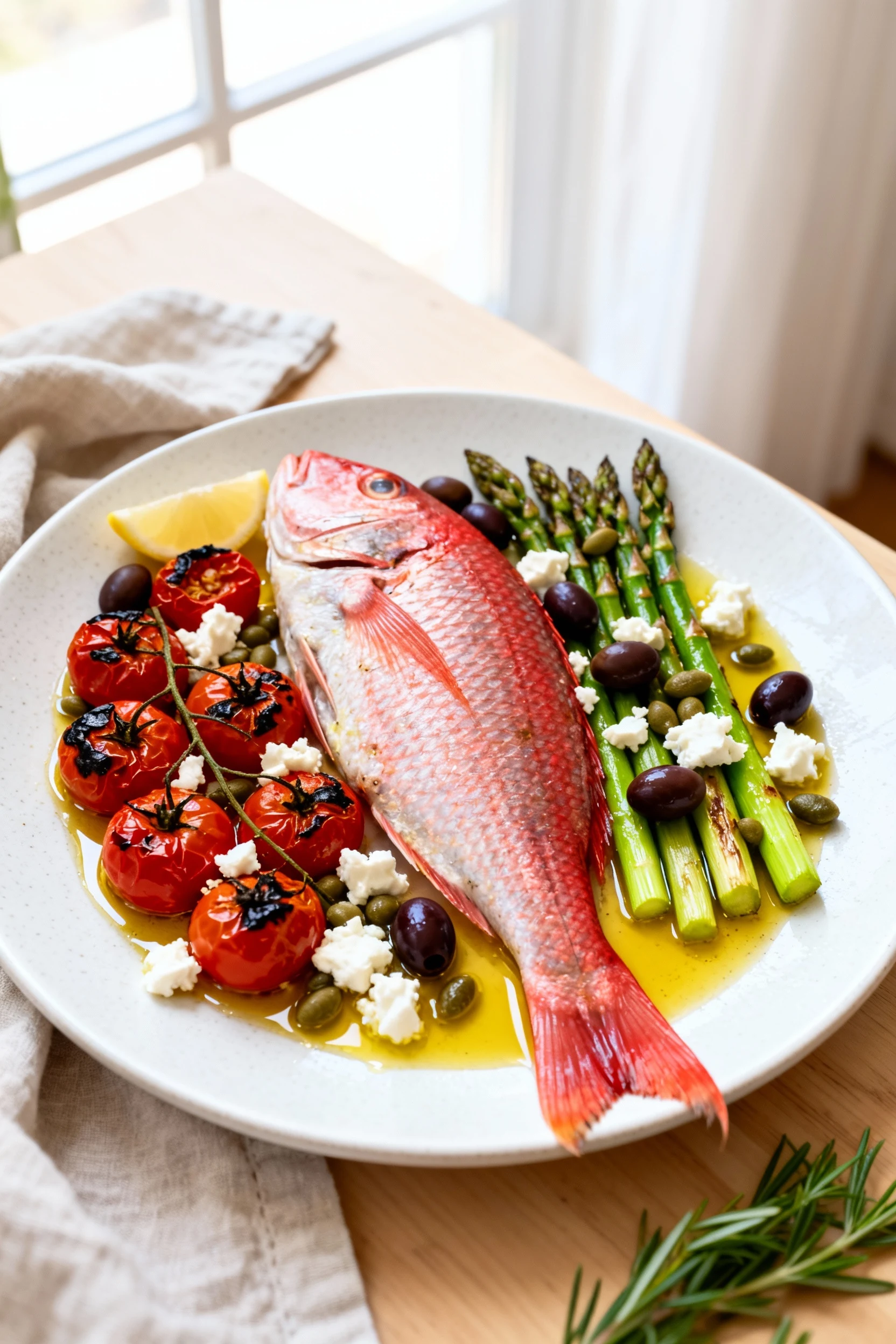 Food photography, Top-down Mediterranean variation: red snapper with blistered tomatoes and asparagus topped with olives