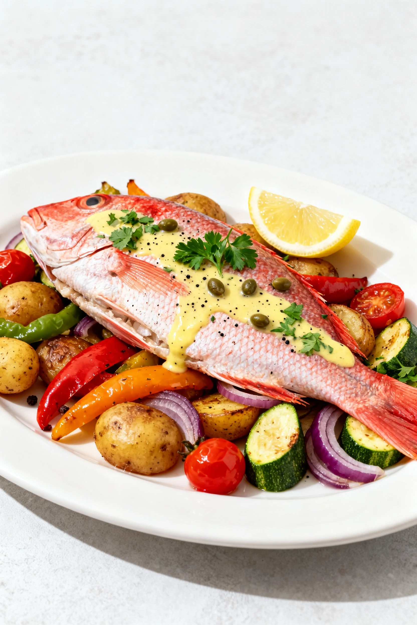 Food photography, Beautifully plated red snapper dinner: one fillet atop roasted baby potatoes, peppers, zucchini, cherr