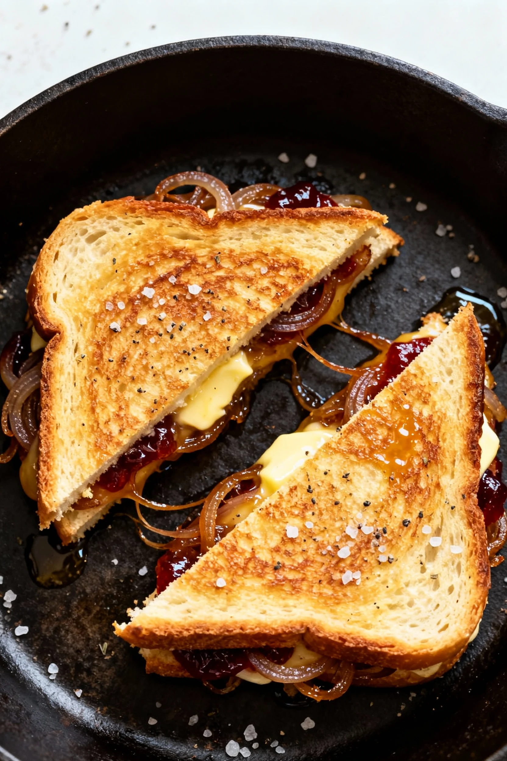 Food photography, Overhead shot of skillet-grilled cheese cut on the bias with caramelized onions oozing between crisp, 