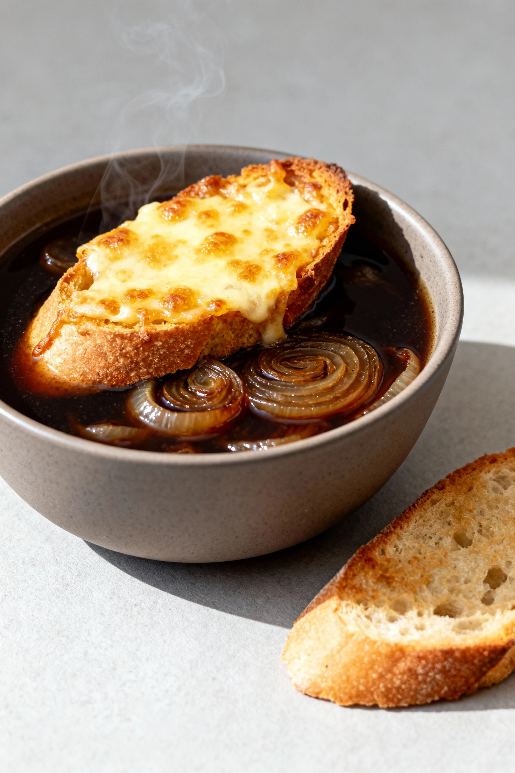 Food photography, Three-quarter angle beauty shot of French onion soup in a matte bowl crowned with a golden, bubbly Gru