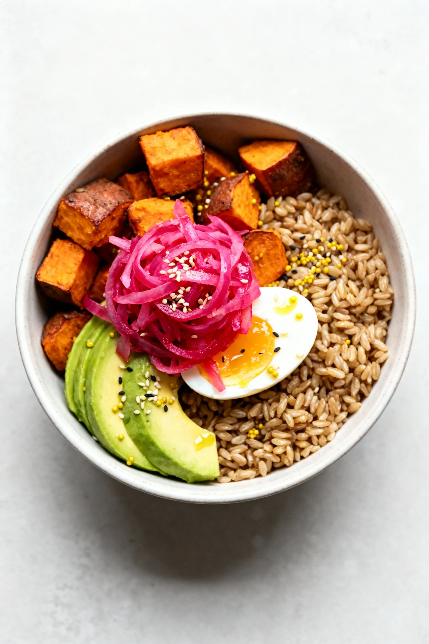 Food photography, Overhead shot of a hearty grain bowl (farro, roasted sweet potatoes, avocado, soft-boiled egg) topped 