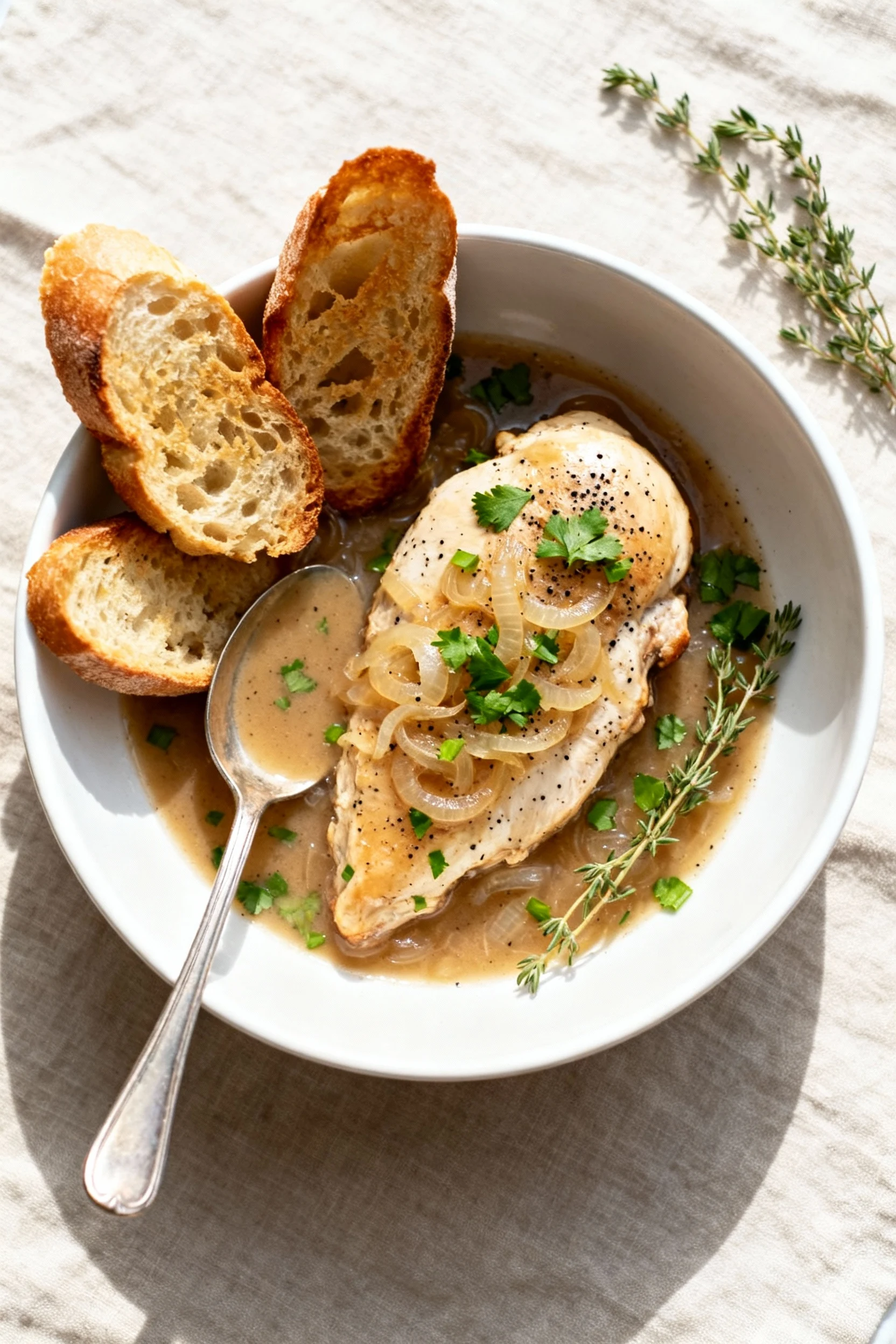 Food photography, Top-down final plate: French Onion Chicken with spooned-on onion gravy, toasted baguette slices for cr
