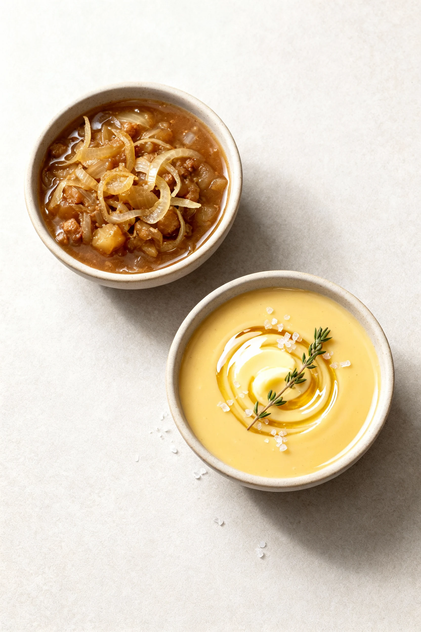Food photography, Top view tasting detail: two small bowls—one rustic chunky onion gravy with visible onion strands, one