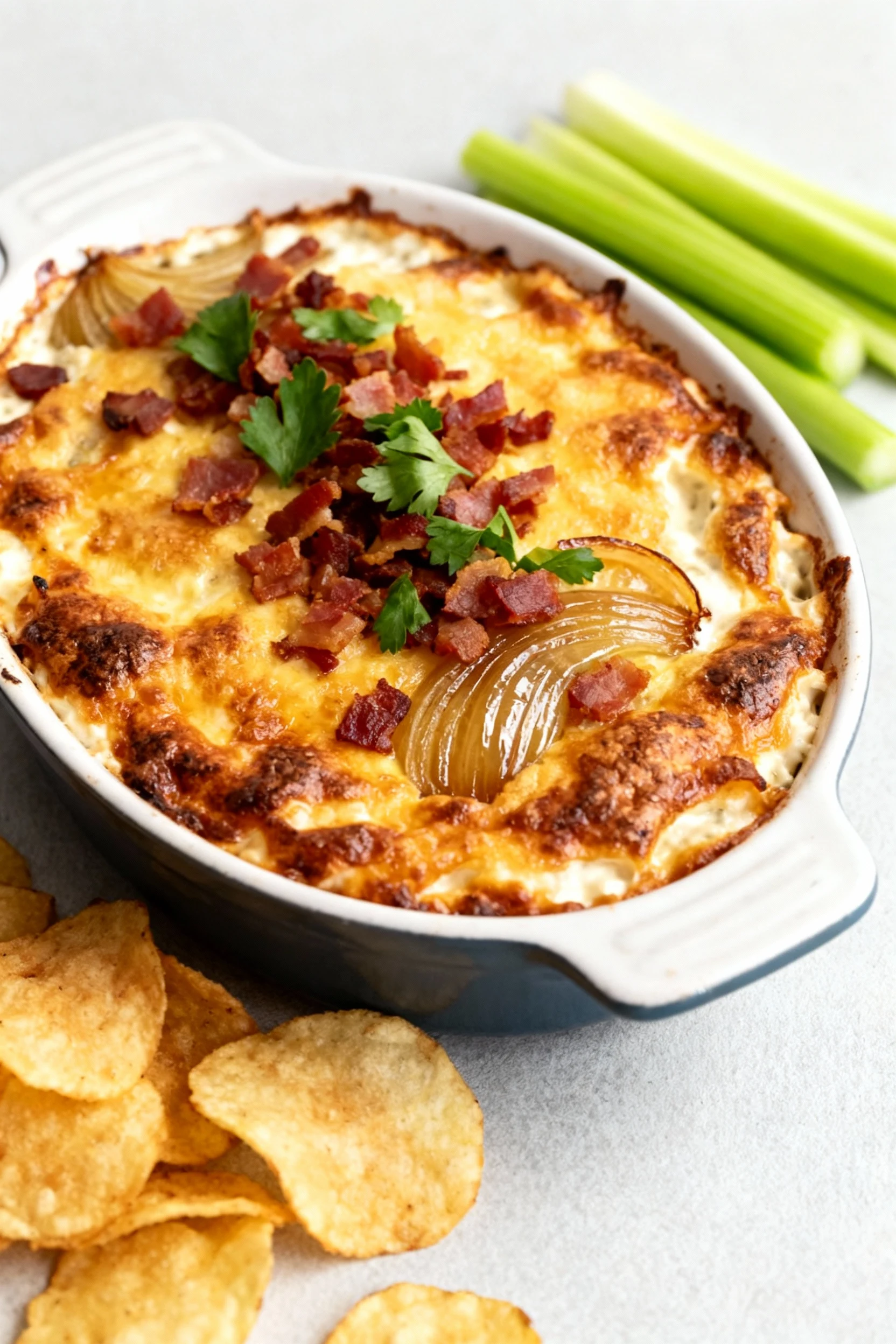 Food photography, 45-degree hero: baked onion dip in a 1-quart dish with deeply browned broiled crust, crisp bacon crumb