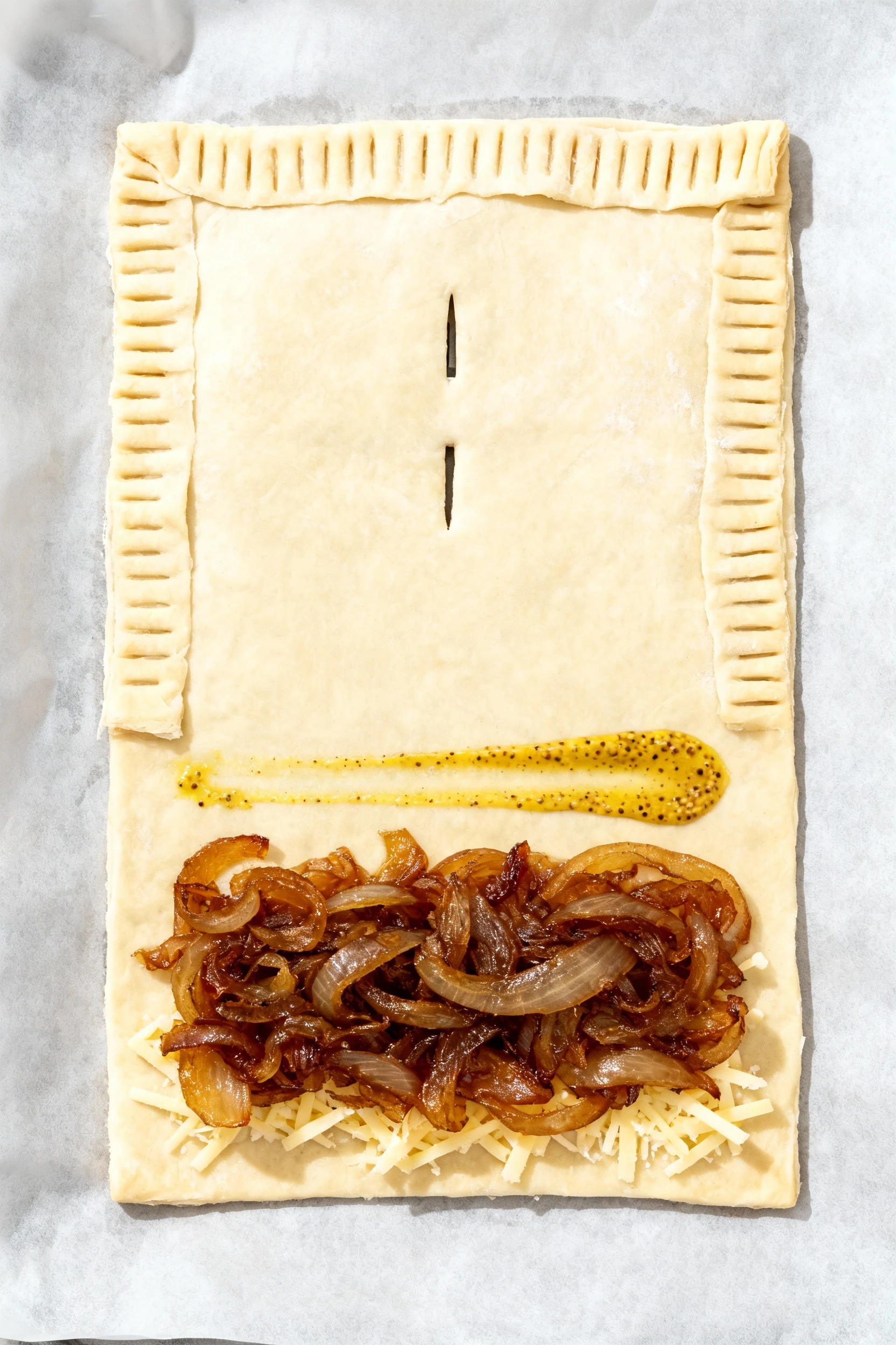 Food photography, Process assembly top view: prepared puff pastry on parchment with a lightly scored border and fork-doc
