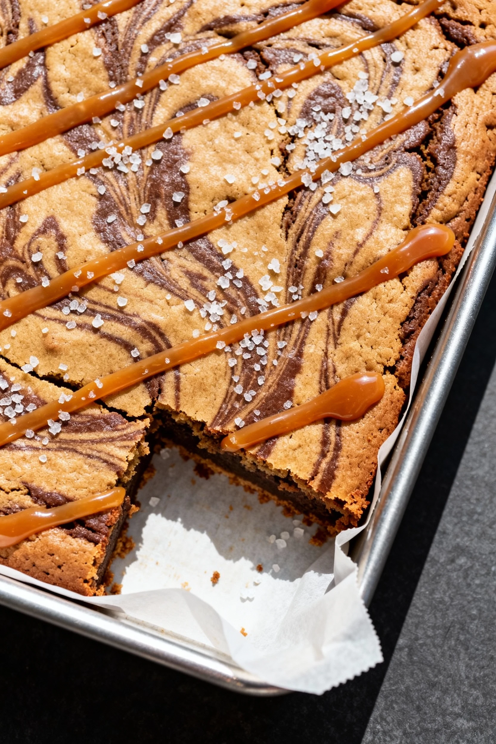 Food photography, Top-down shot of the salted caramel variation: caramel ribbons set across the marbled cookie-brownie s