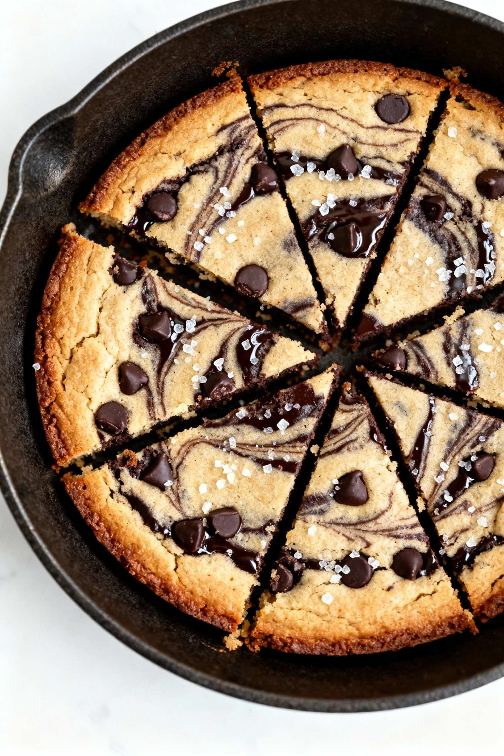 Food photography, Top-down view of small-batch brookies cut into wedges from a 6‑inch round pan, even browning with cris
