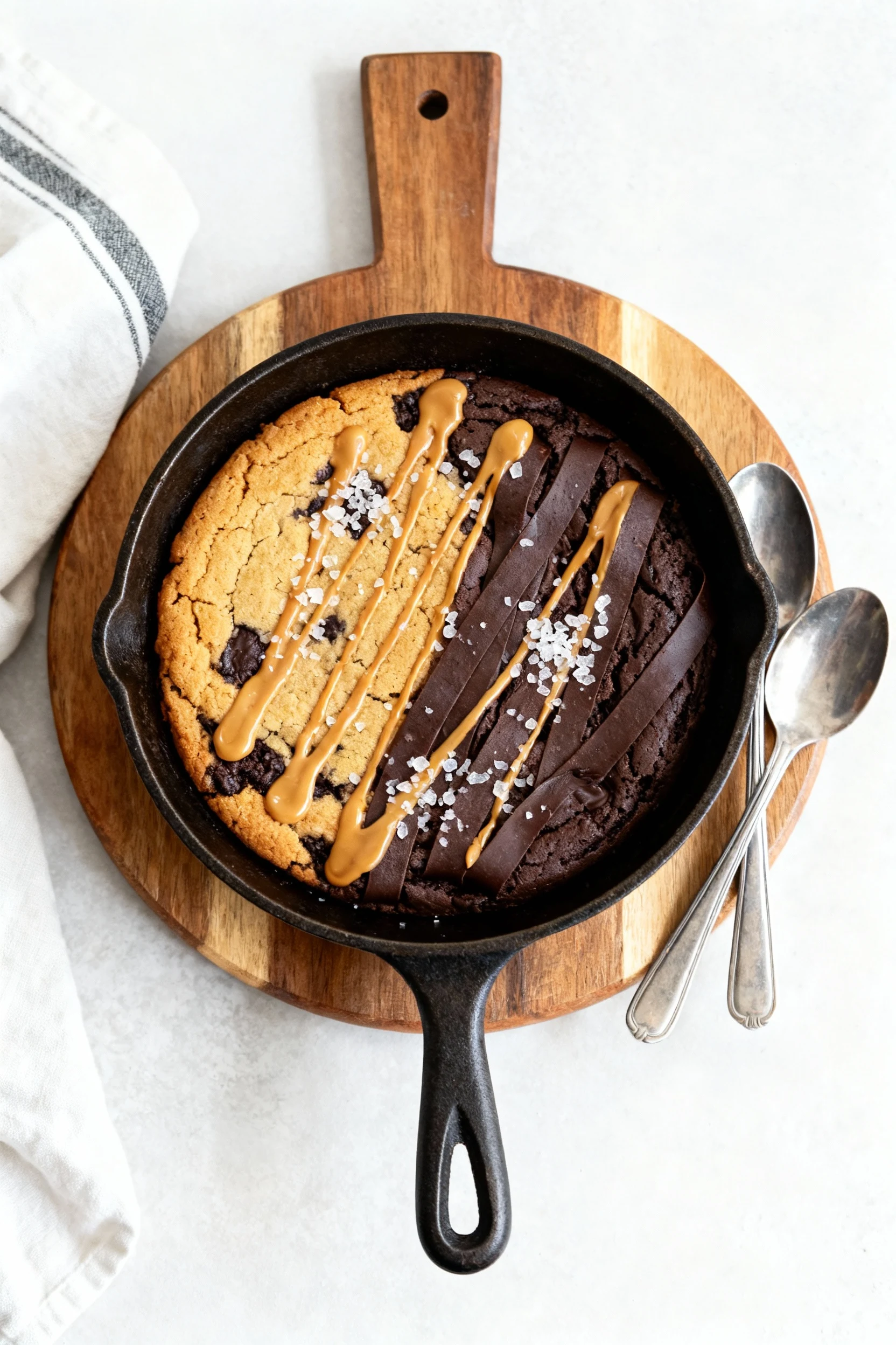 Food photography, Final presentation: peanut butter swirl skillet brookie for two with golden cookie and dark brownie ri