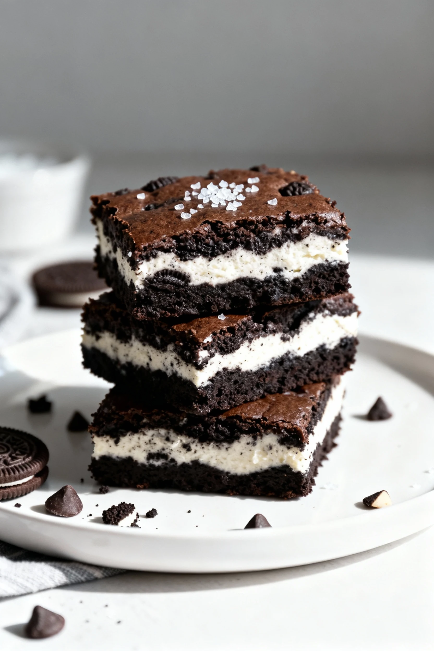 Food photography, Final plated presentation: a small stack of Oreo brookies bars on a white plate, each topped with a ti
