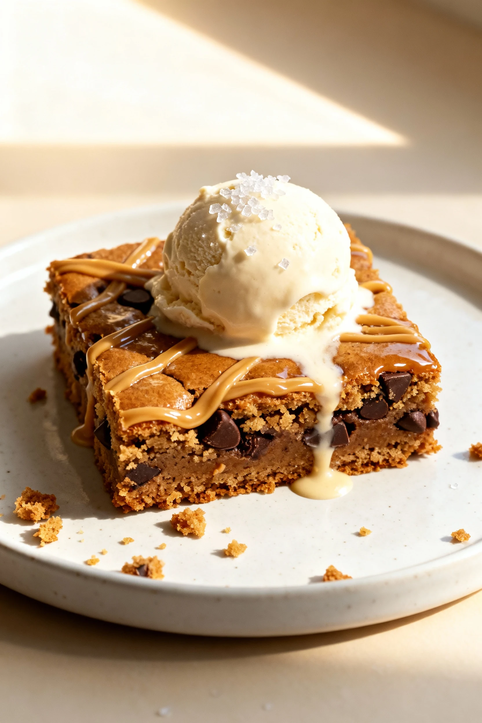 Food photography, Final presentation: warm brookie square on a white ceramic plate with a scoop of vanilla ice cream mel