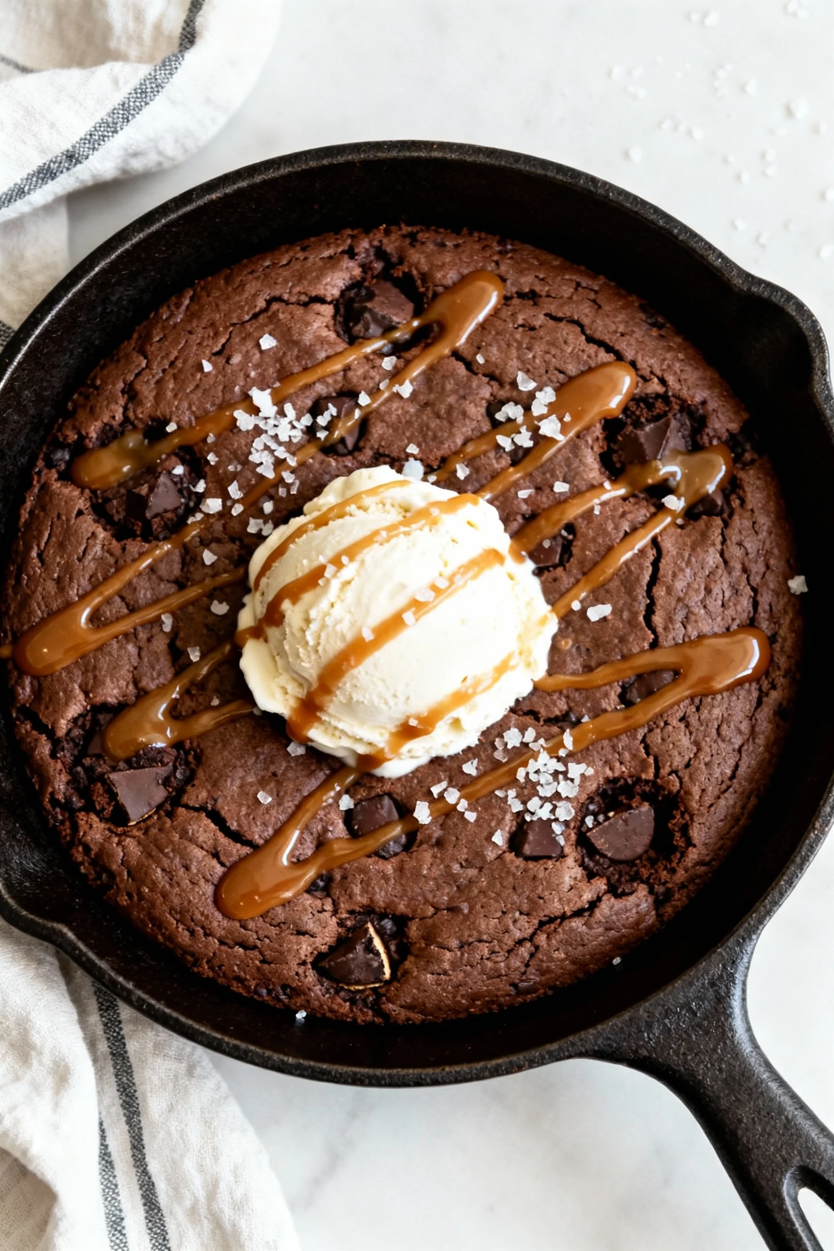 Food photography, 4. Final presentation: warm skillet brookie (10-inch) topped with vanilla ice cream, salted caramel dr