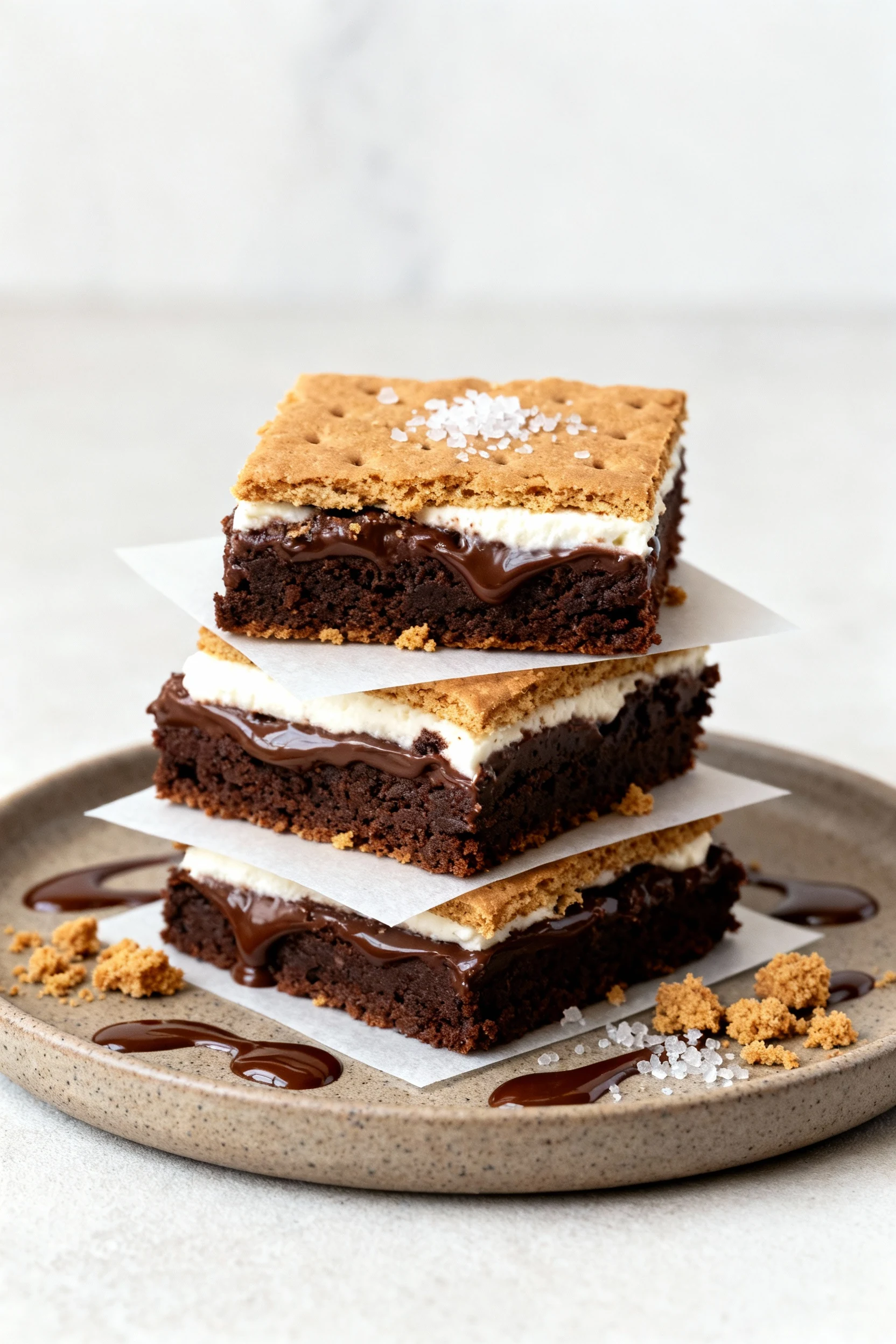 Food photography, Final presentation: neat stack of bakery-style S’mores Brookie squares on a matte stoneware plate with