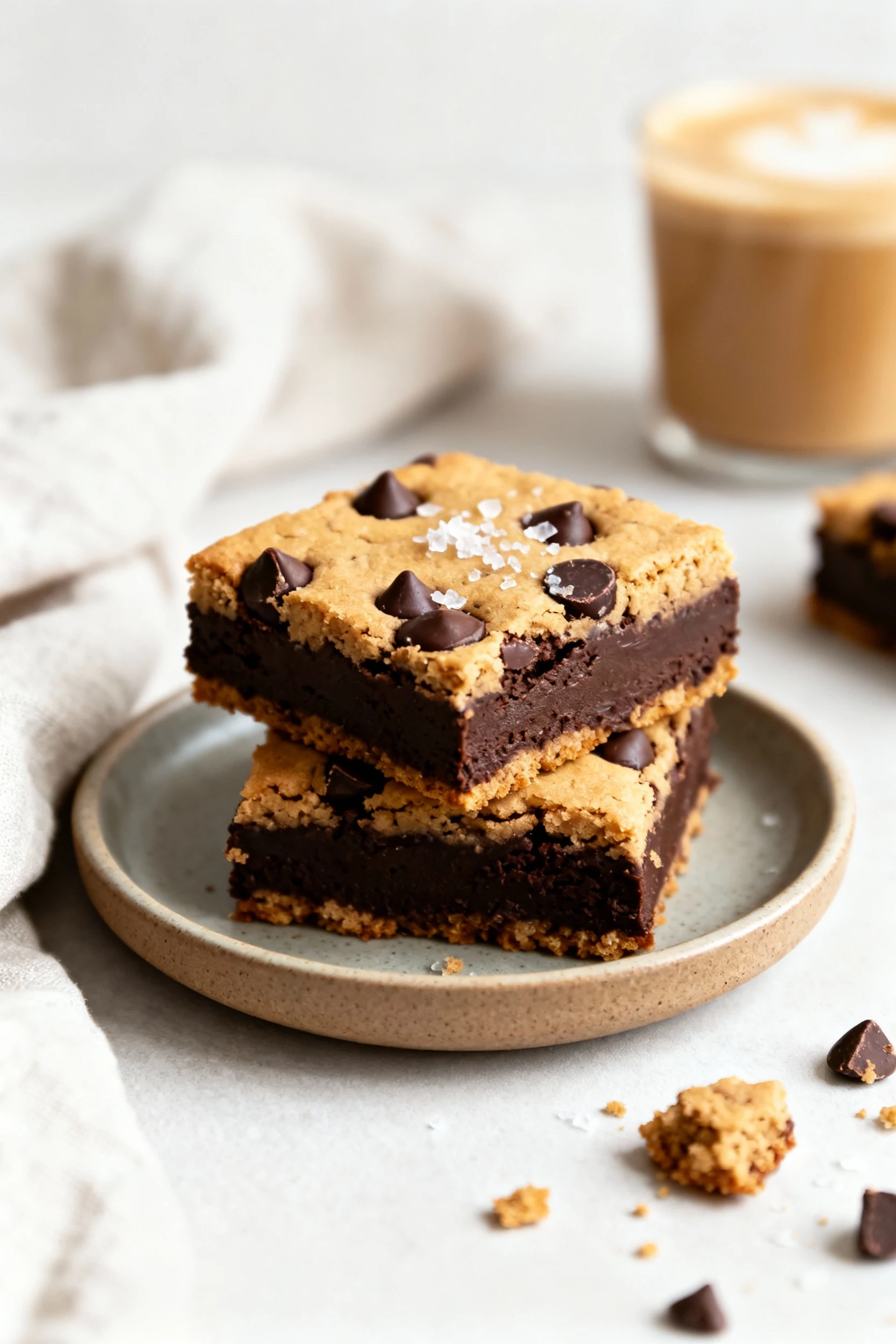 Food photography, Beautifully plated vegan brookie squares stacked on a small matte ceramic plate, ultra-clean edges fro