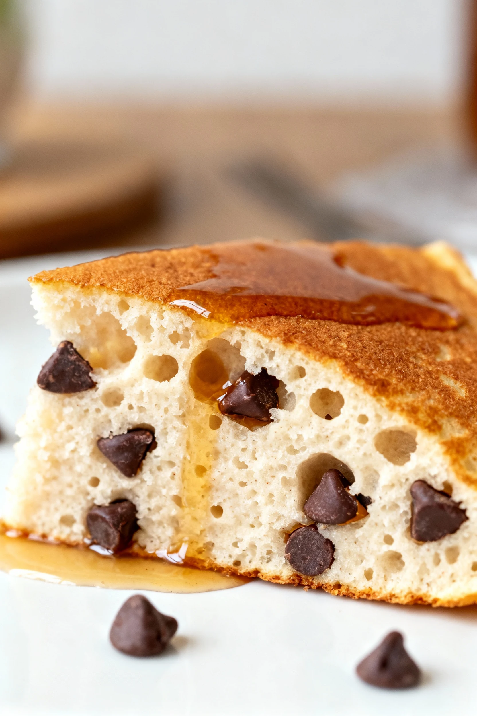 Food photography, 4. Macro close-up of a coconut flour pancake wedge showing airy, fluffy crumb and syrup-friendly pocke
