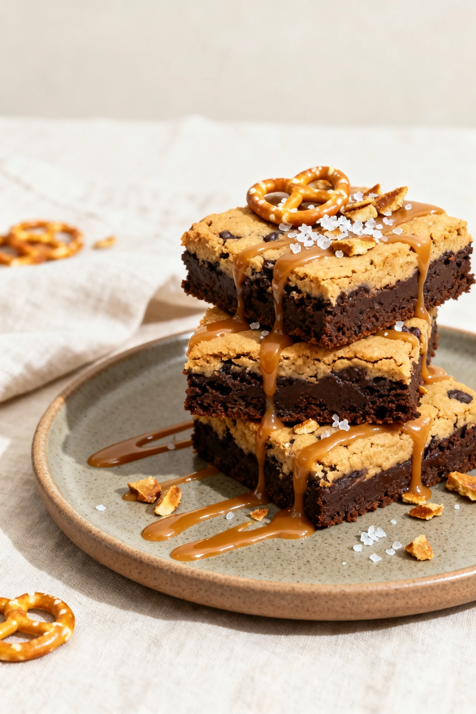 Food photography, Restaurant-quality plating: three brookie bars stacked on a matte ceramic plate with a few caramel dri