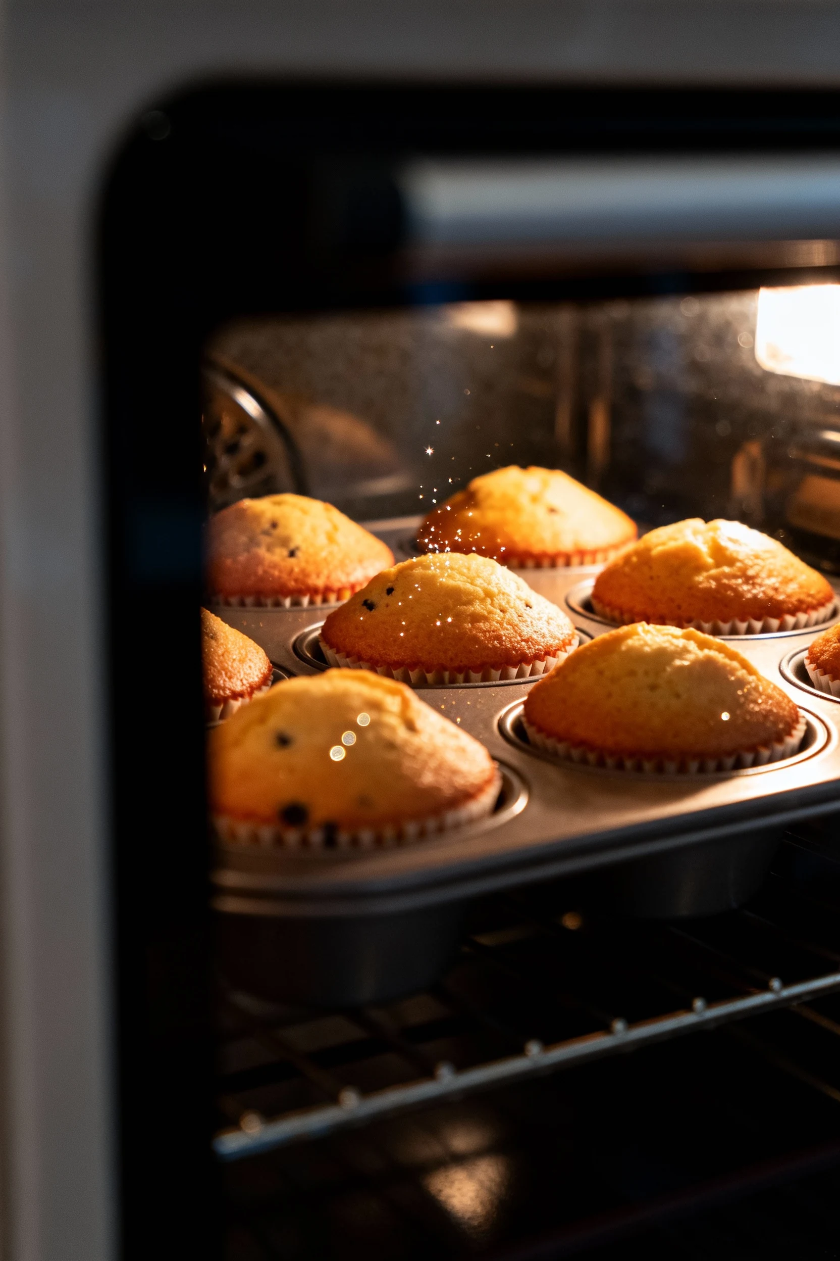 Food photography, Muffins baking during the 425°F high-heat start: close, slightly angled view through the oven door of 