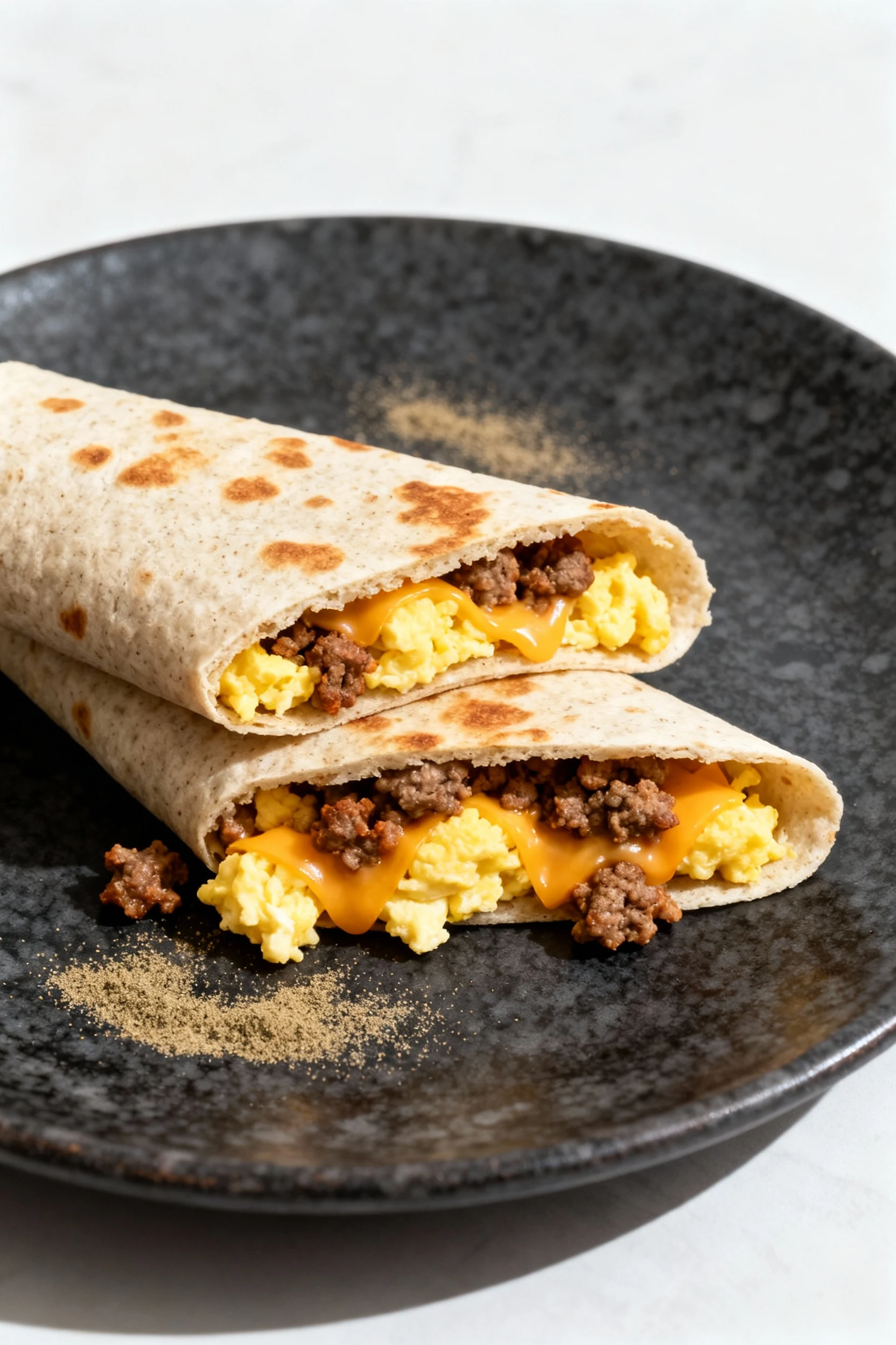Food photography, Restaurant-style presentation: coconut flour tortilla breakfast burrito, lightly toasted and sliced to