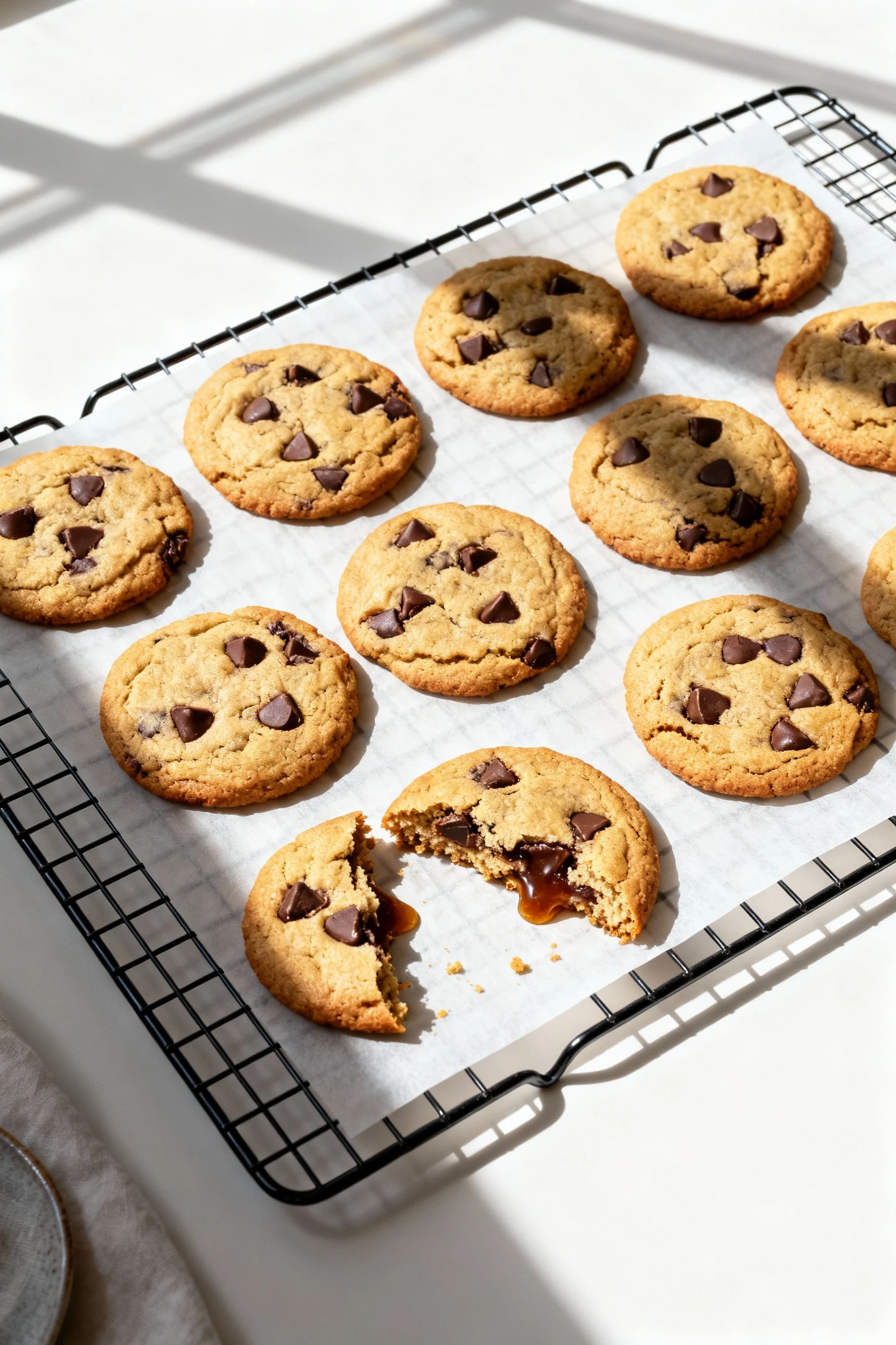 Food photography, Top-down shot of cookies cooling on a wire rack lined with parchment, warm cookies resting 5 minutes p