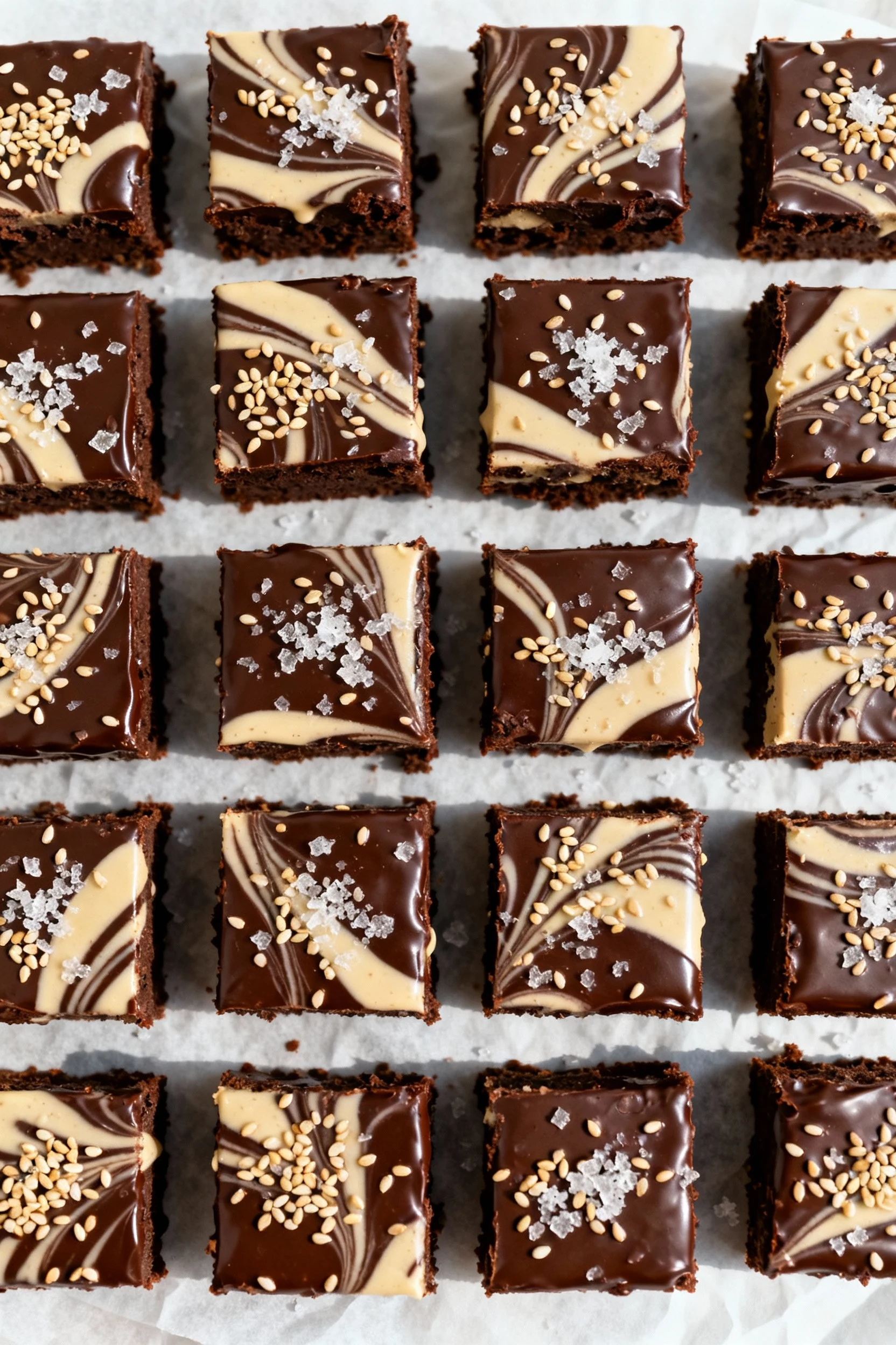 Food photography, Tasty top view of the Salted Tahini Swirl variation cut into tidy squares—marbled tahini ribbons acros
