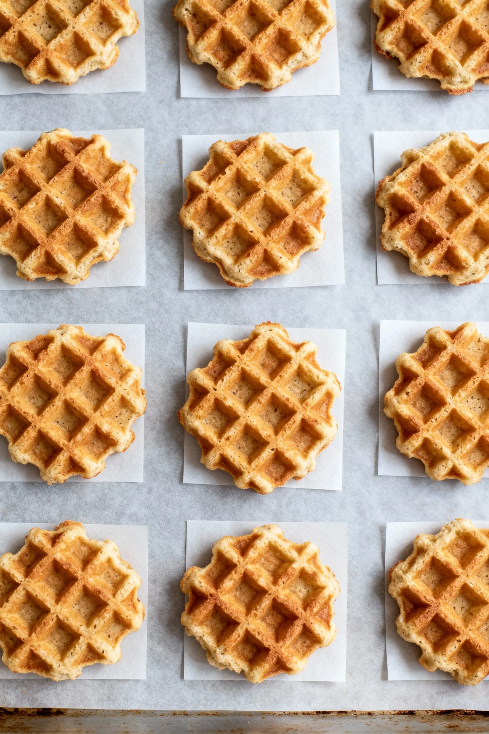 Food photography, Overhead shot of freezer-friendly prep: fully cooked coconut flour waffles arranged in a single layer 