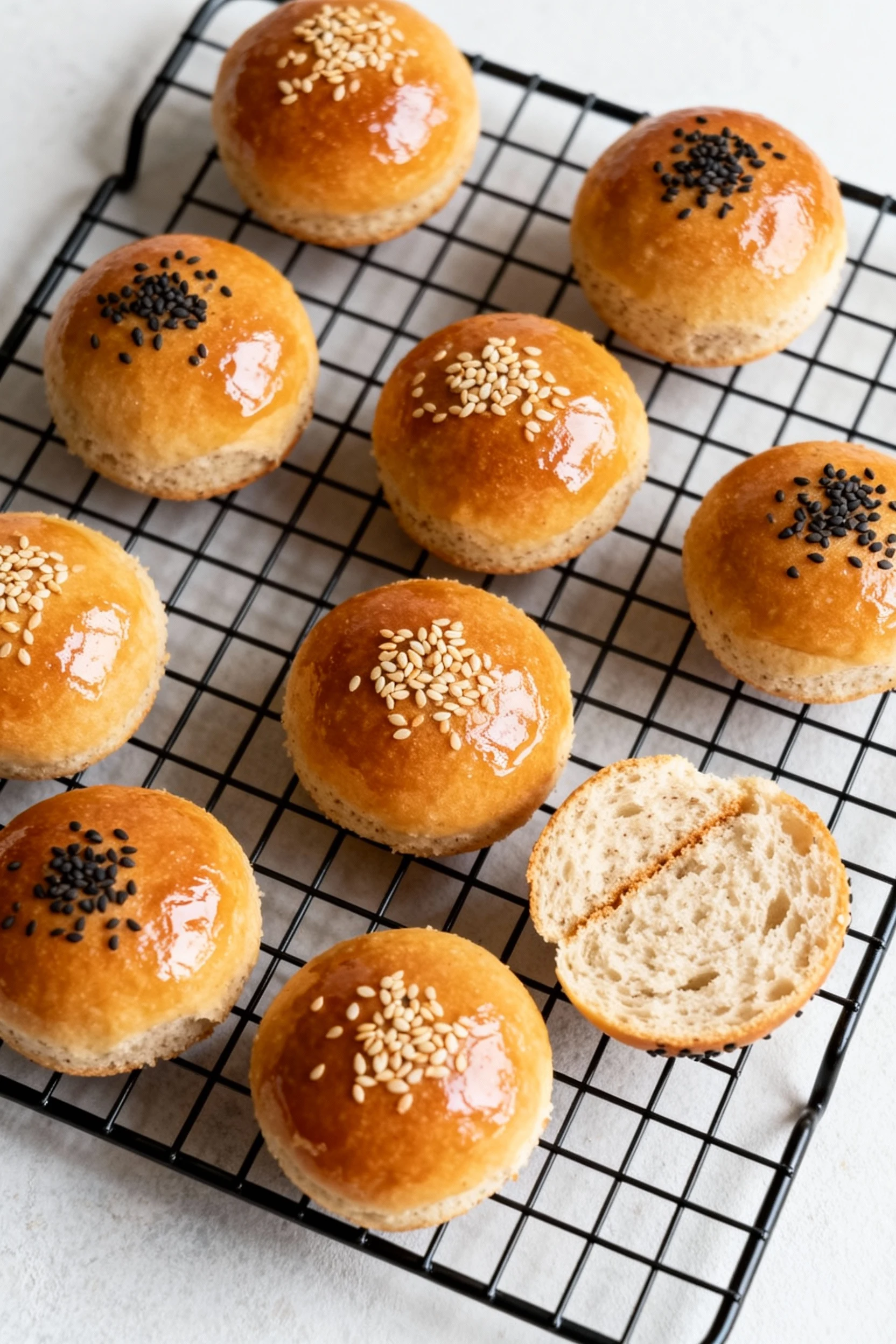Food photography, Variation finale: overhead of golden coconut flour mini buns (8), freshly baked and set on a cooling r