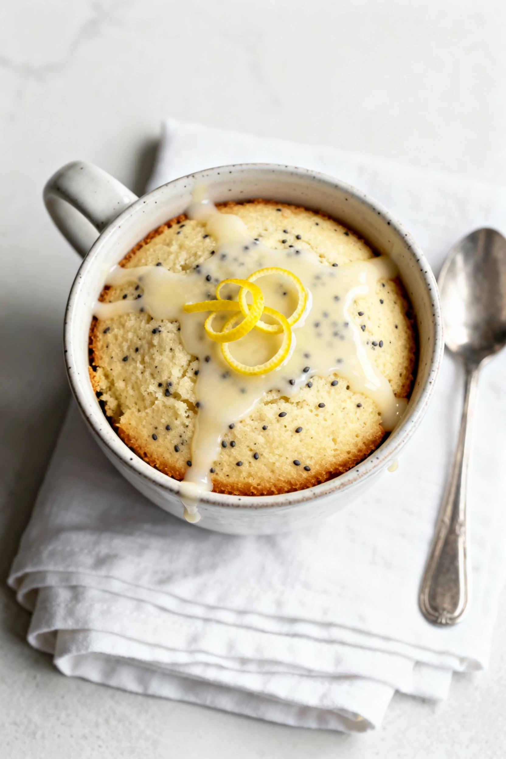 Food photography, Overhead shot of Lemon Poppy coconut flour mug cake in a bowl-shaped 12–14 oz mug, thin lemon glaze po