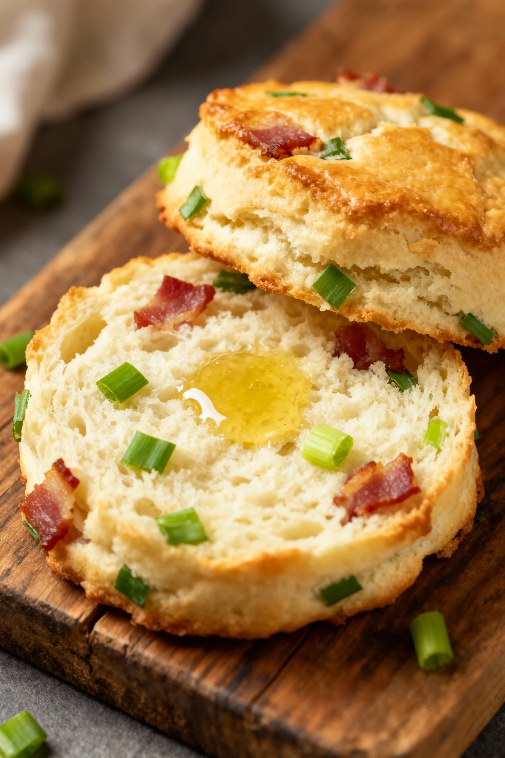 Food photography, Extreme close-up of a split bacon-scallion biscuit—crisp, golden edge and cloudlike interior crumb wit