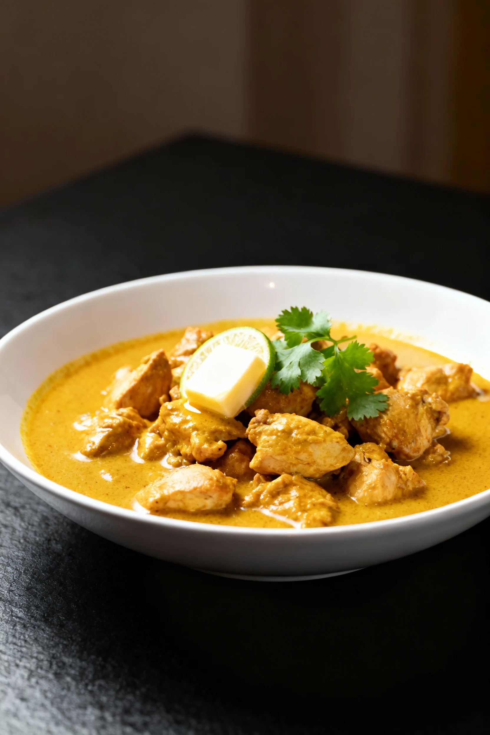 Final plated dish: curry chicken reduced to a velvety coat, sauce clings to bite-size pieces, finishing butter and lime