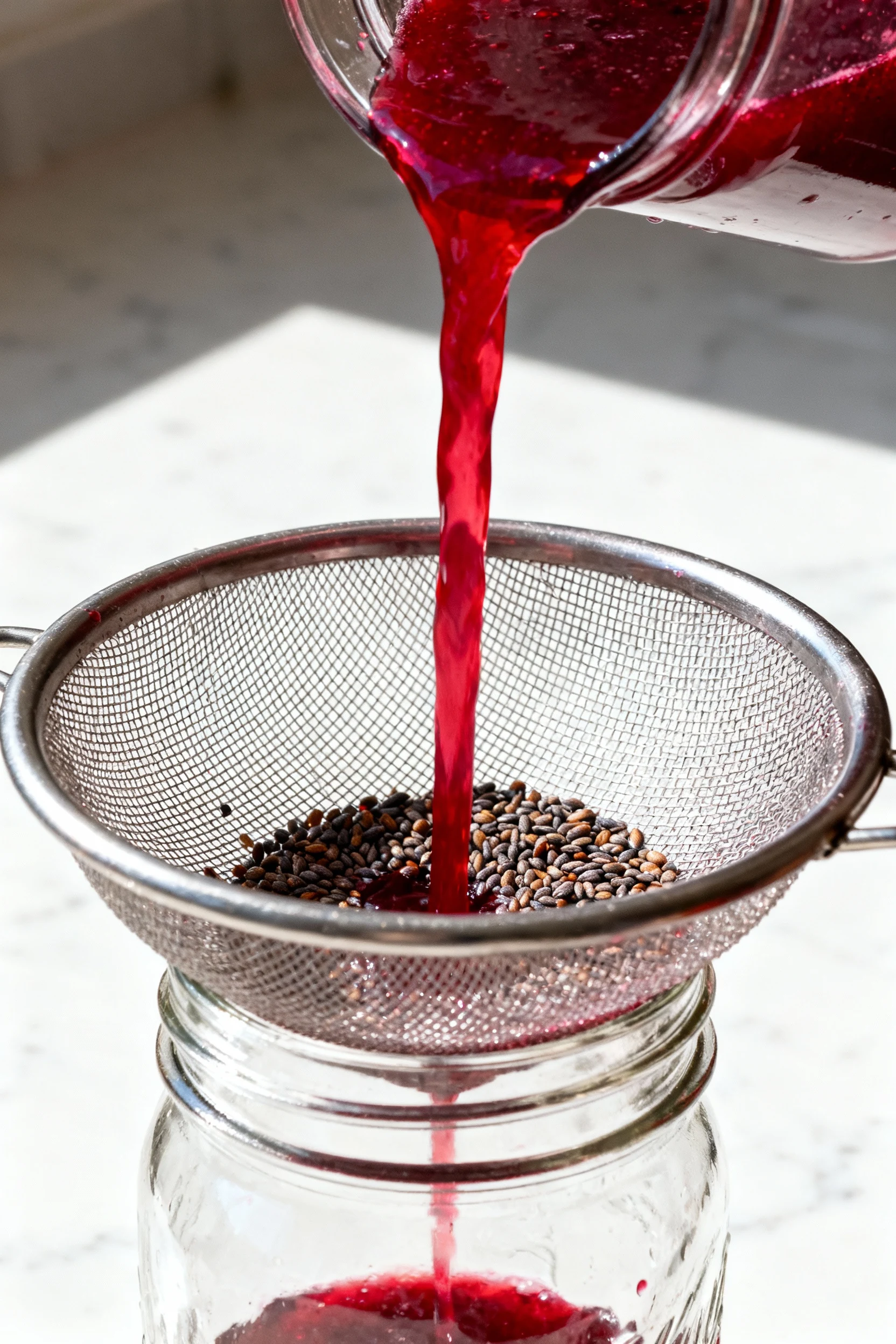 Cooking process—straining berry syrup: vivid crimson stream through fine-mesh sieve into clear jar, seeds left behind, s