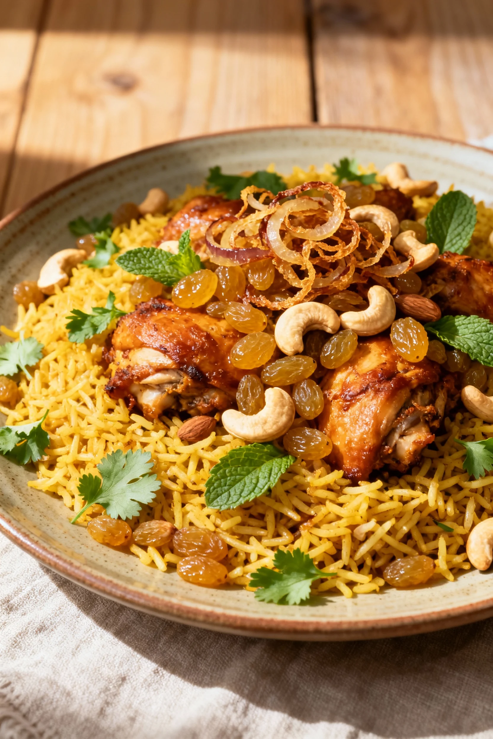Beautifully plated weeknight chicken ‘biryani’ topped with fried onions, golden raisins, and toasted cashews, scattered 