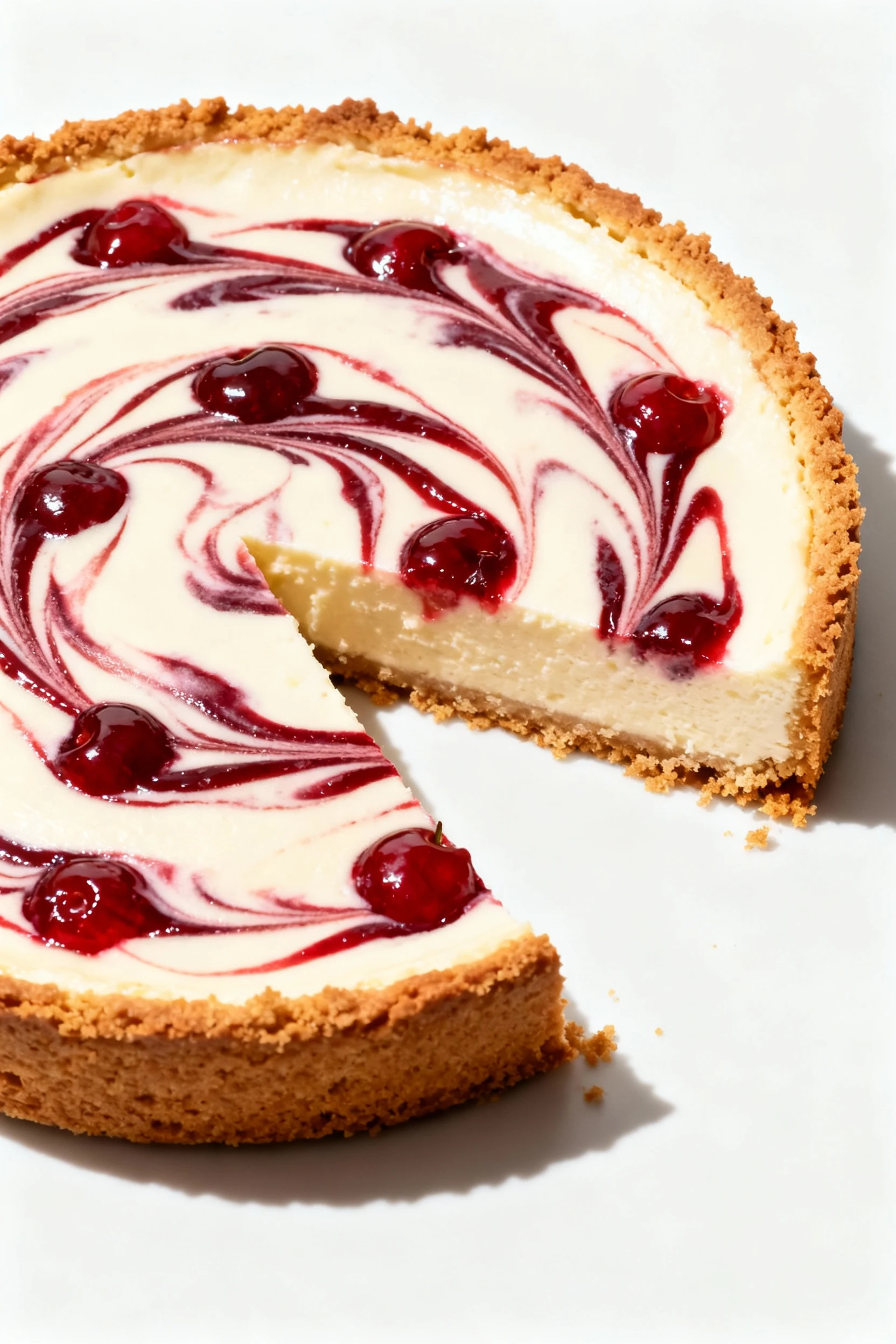 Top-down baked cheesecake with cherry swirl, glossy marbled ribbons across a creamy surface, one tidy slice pulled out, 