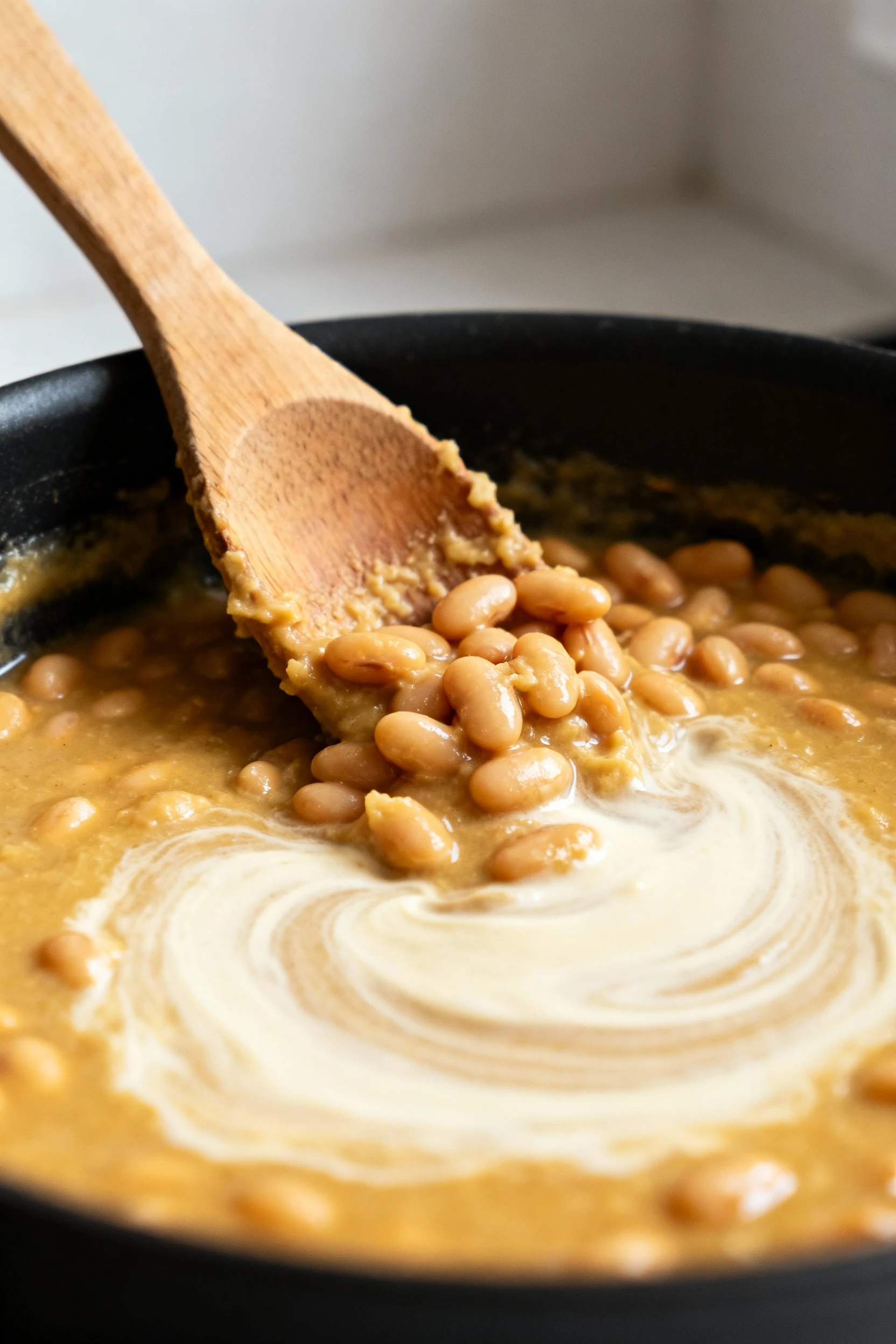 Close-up process detail: beans being lightly mashed against the side of the pot with a wooden spoon, creamy starch swirl