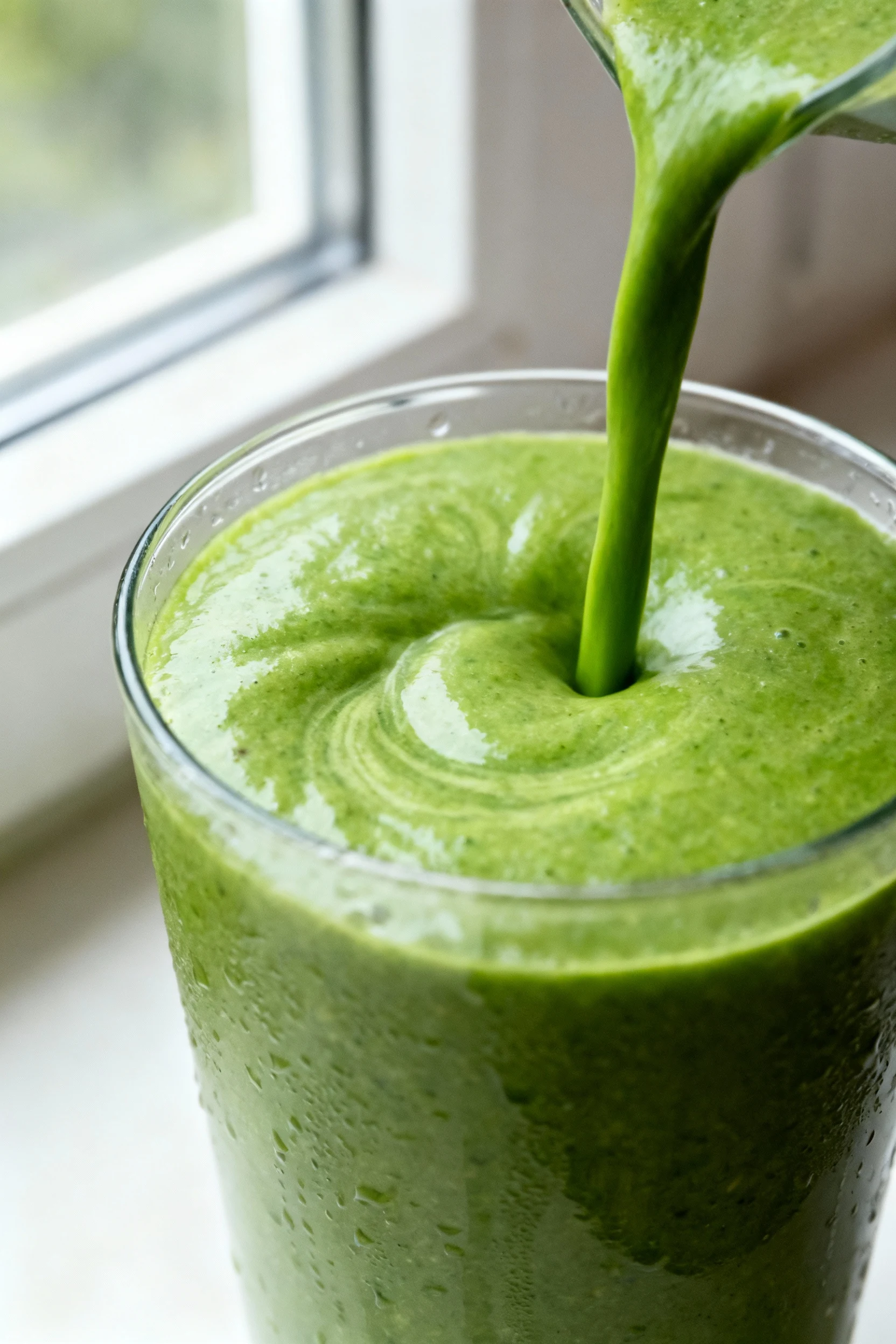 4. Final glass: Green Glow Smoothie, thick creamy vibrant green with faint pour swirls and light condensation on the gla