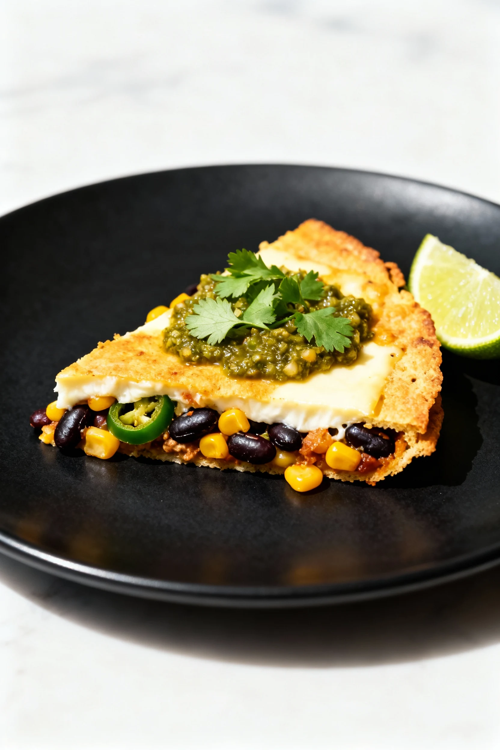 Southwestern plated slice—pepper jack, black beans, roasted corn, green chiles peeking through; topped with salsa verde 