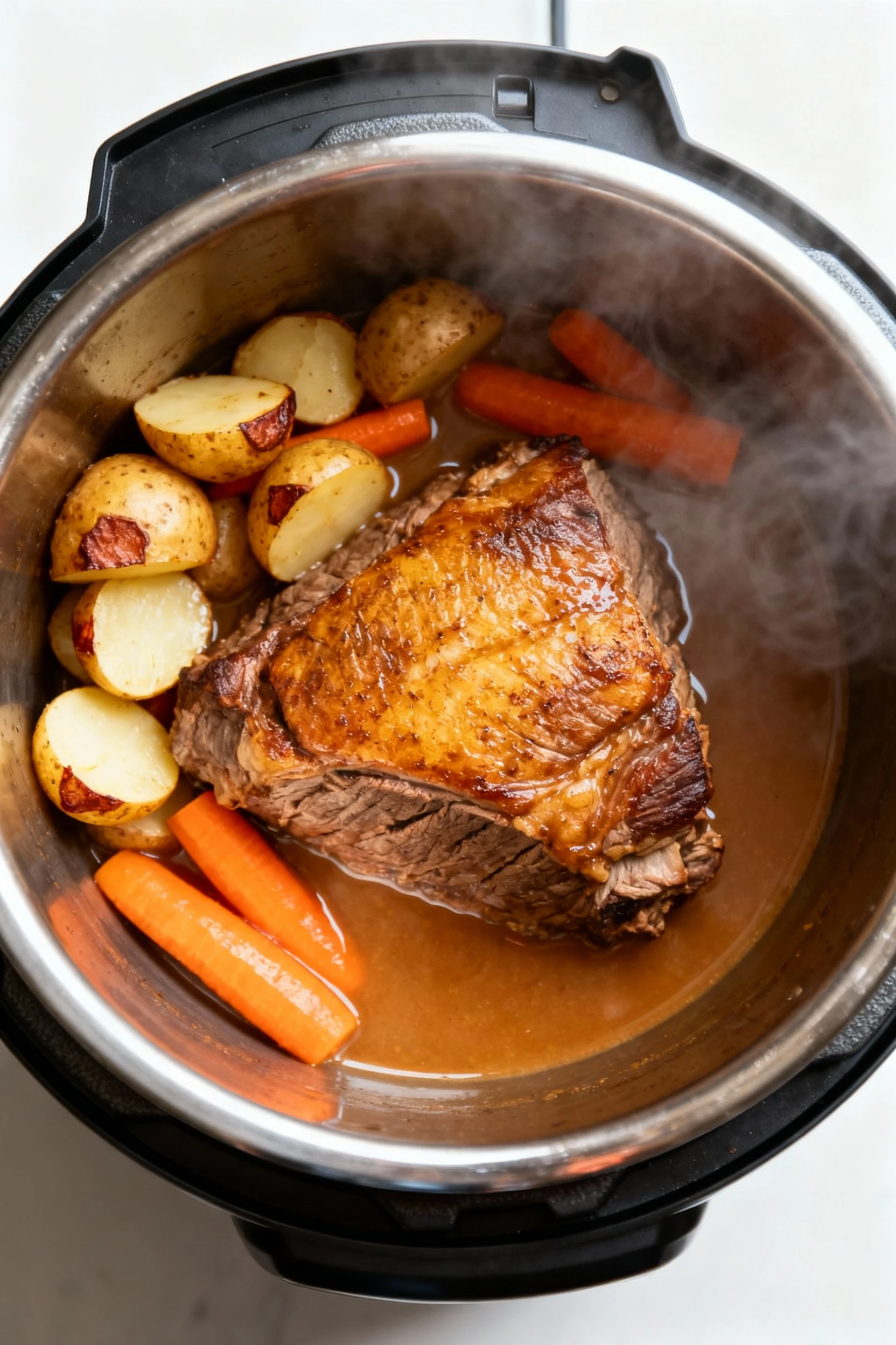 4. Top view inside Instant Pot post-release: fork-tender roast with halved baby potatoes and soft carrots in silky gravy