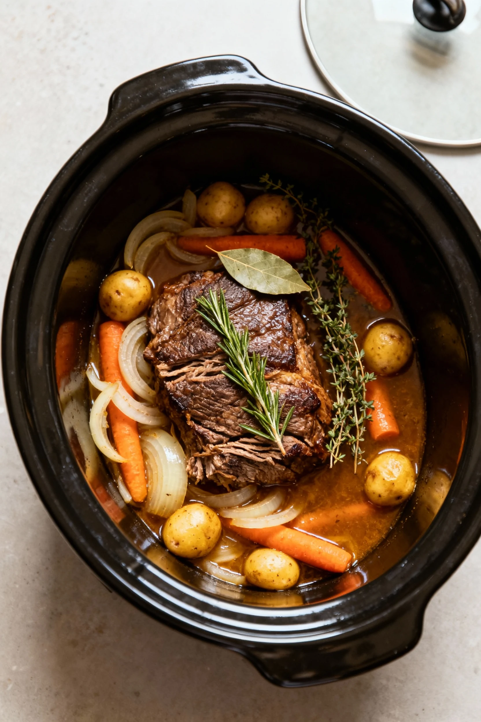 Overhead of the slow cooker insert after cooking: fork-tender roast nestled over soft onions, carrots, and baby potatoes