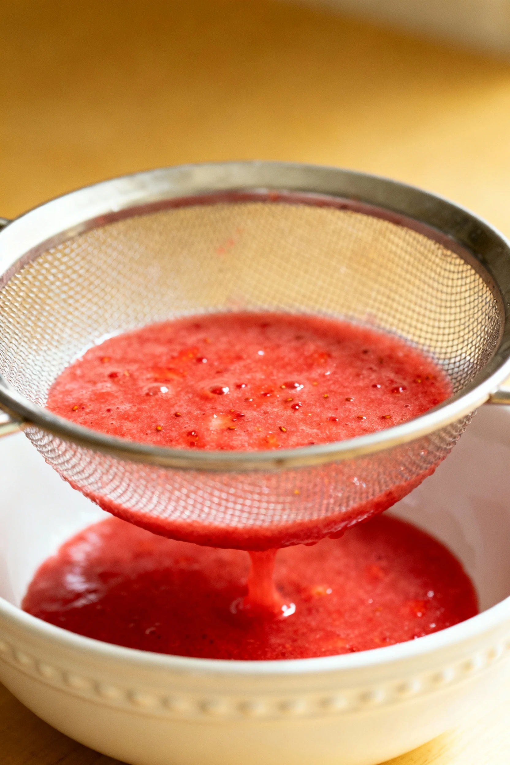 Strawberry sorbet base being strained through a fine-mesh sieve into a bowl—vivid seed-free puree collecting below, proc