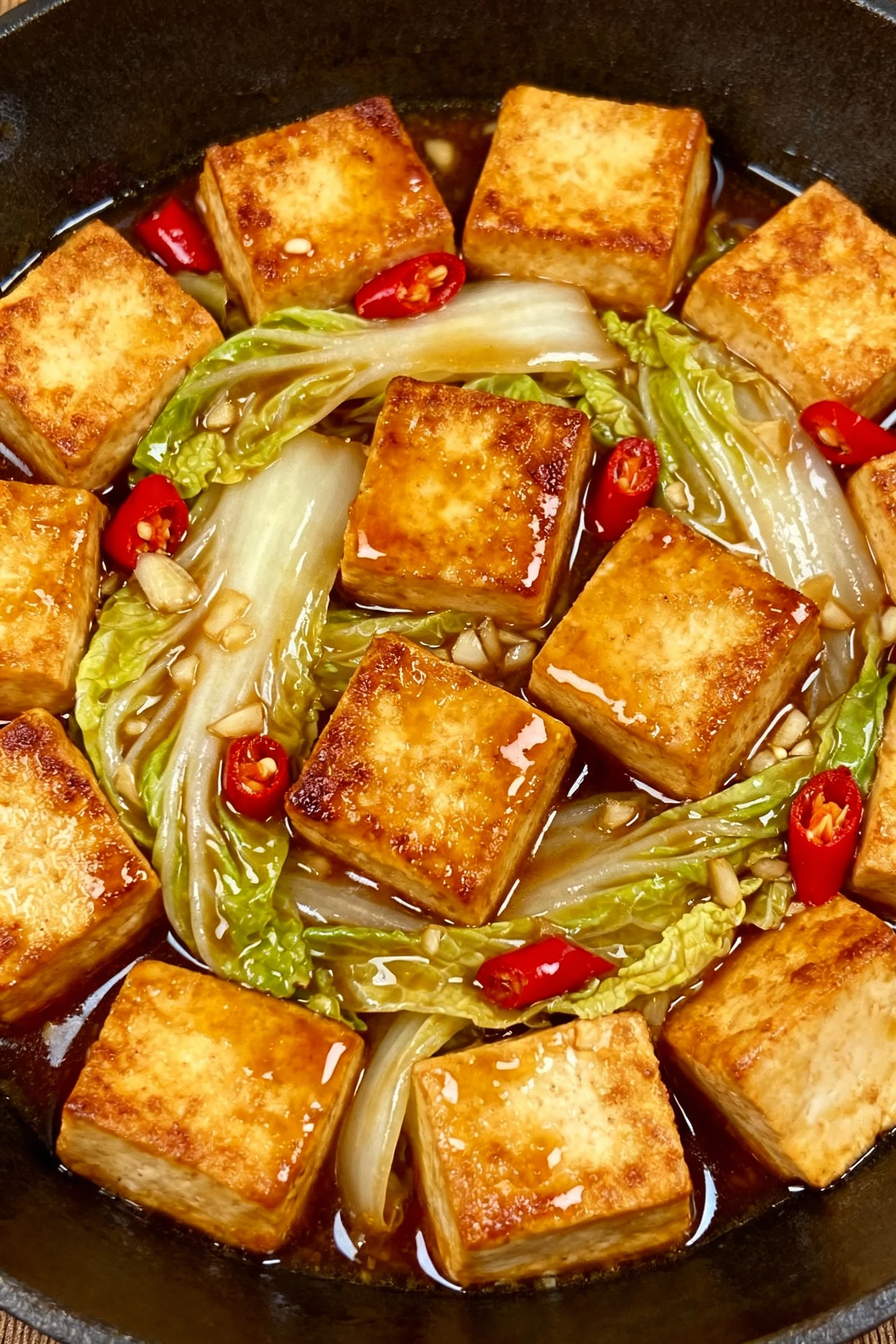 Action in wok: tofu cubes seared golden on two sides tossed with napa leaves as the cornstarch-thickened soy-ginger sauc