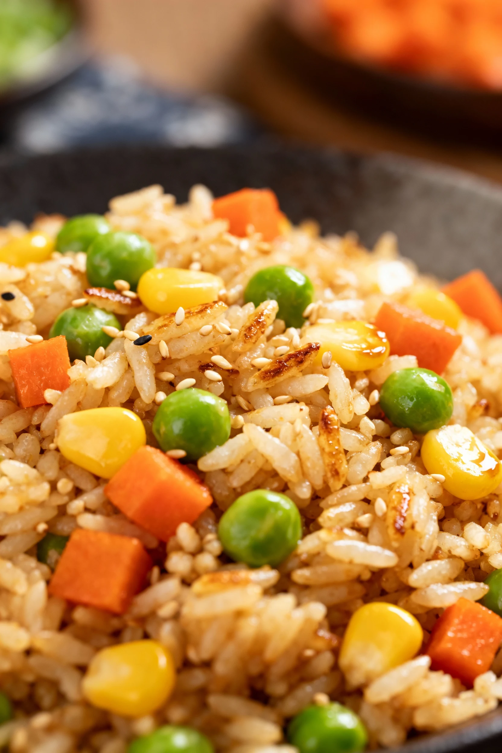 Cold day-old rice being stir-fried with peas, diced carrots, and corn; grains separate with light browning and soy–sesam