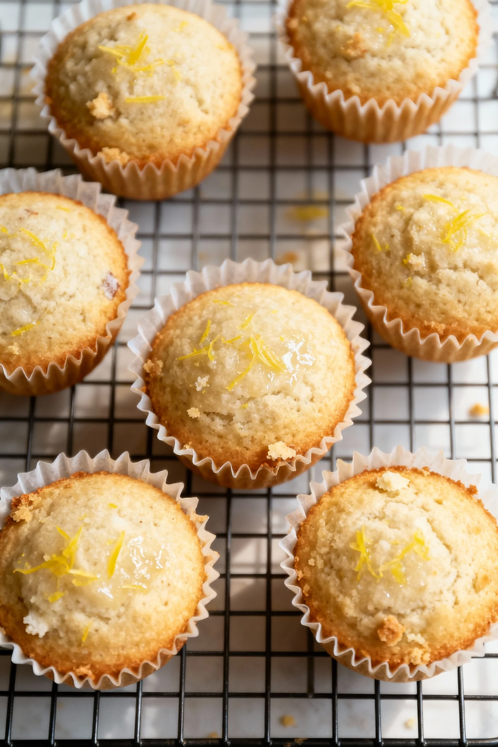 Overhead of six coconut flour muffins in parchment liners on a cooling rack, domed tops with lemon zest sparkle and a fe