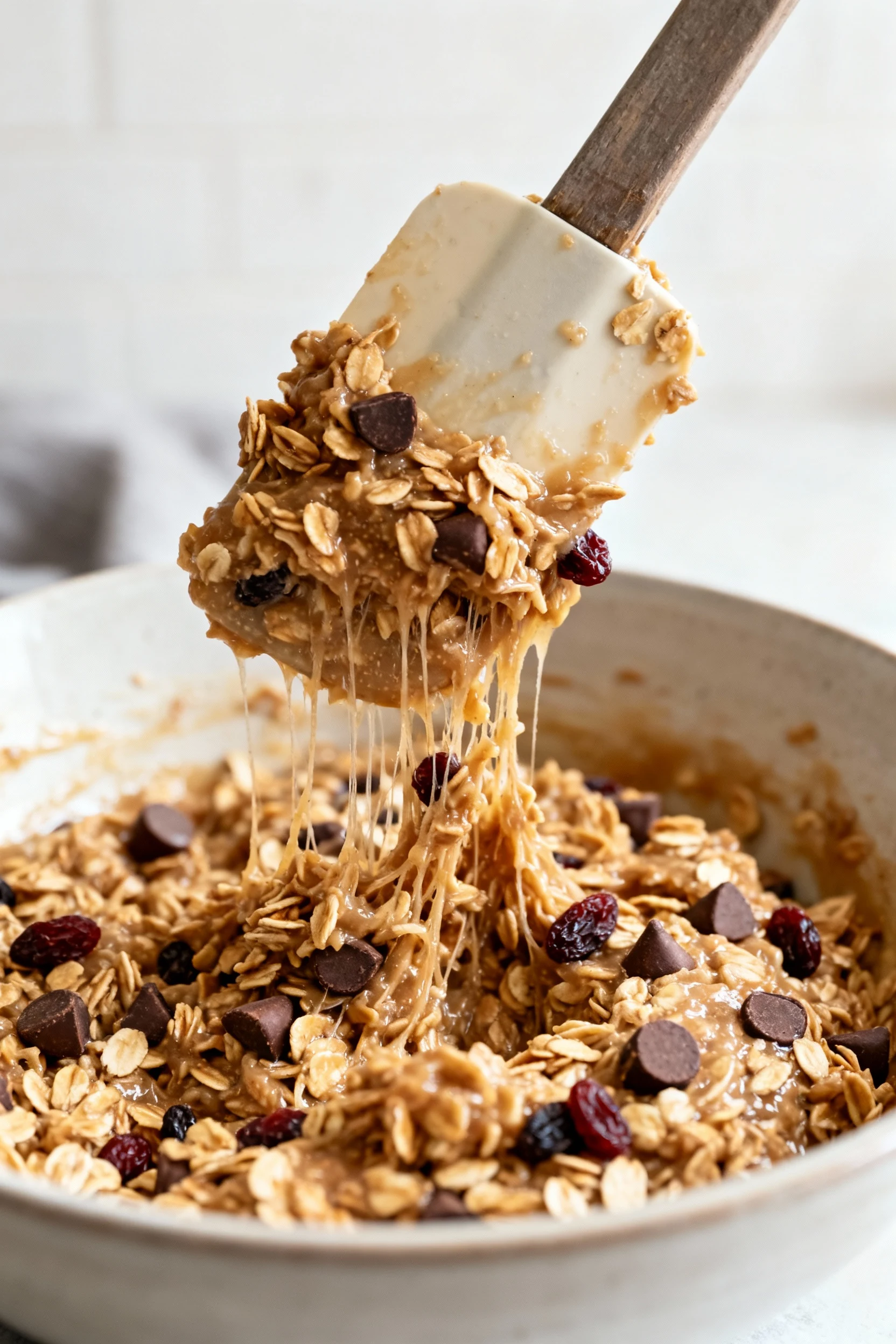 Cooking process: tacky flax-gelled oat mixture being folded with a sturdy spatula in a bowl; visible mini chips and rais