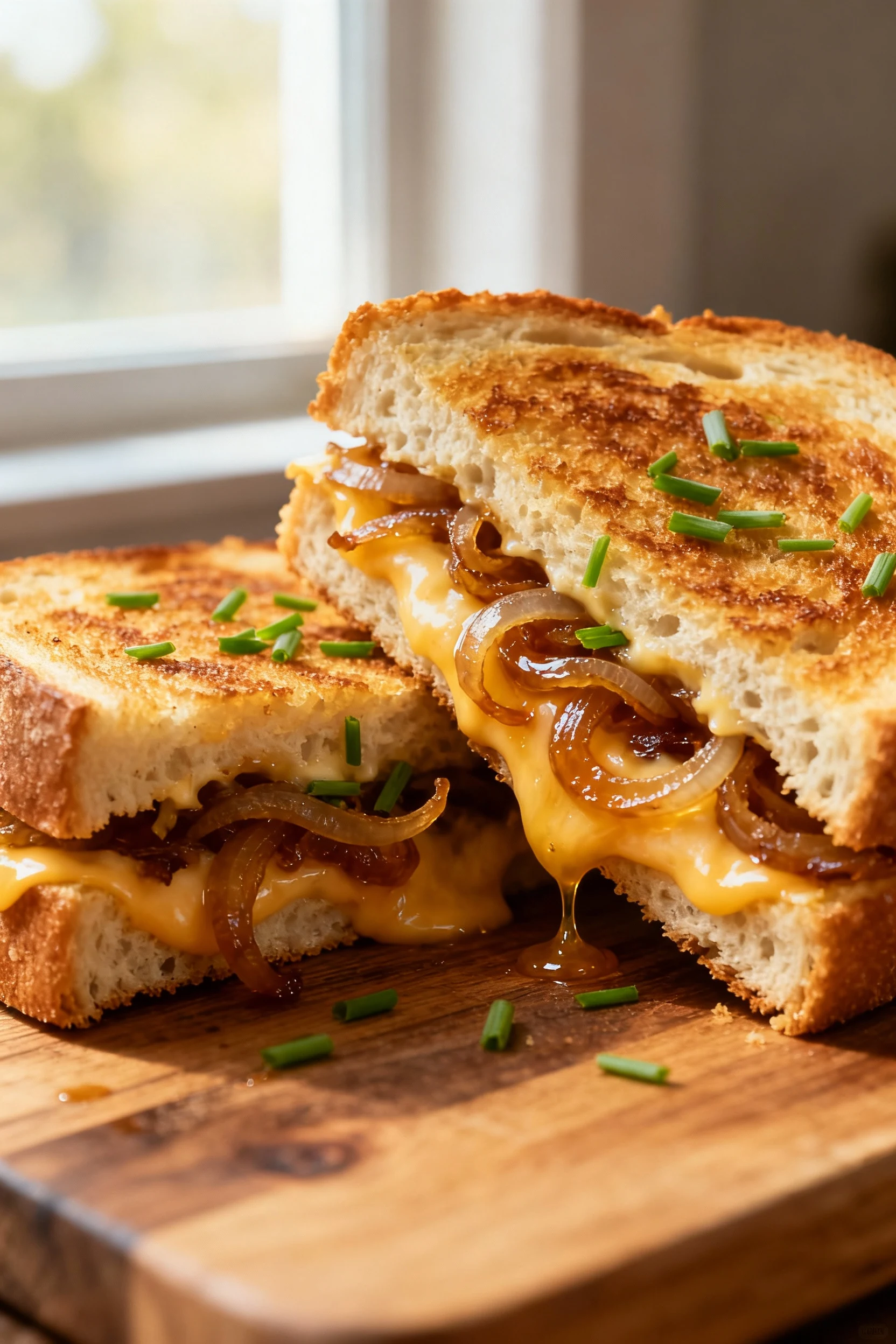 Beautifully plated French-onion grilled cheese: crisp, buttered sourdough with melted Gruyère and ribbons of caramelized