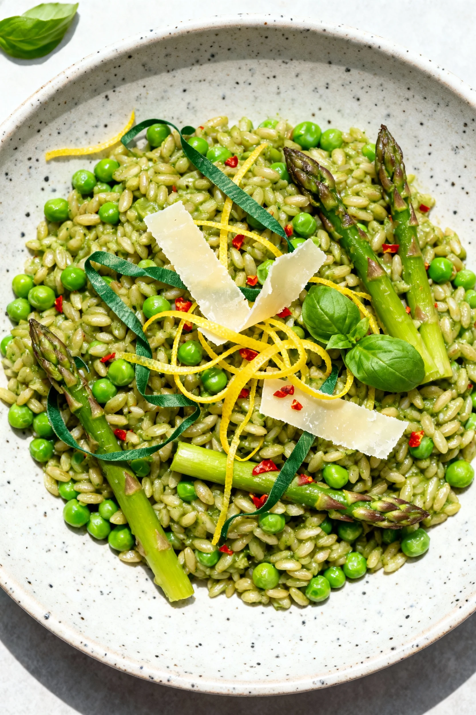 Top-down Green Primavera Farro: peas and asparagus tips, lemon zest threads, basil ribbons, pecorino curls, red chili fl